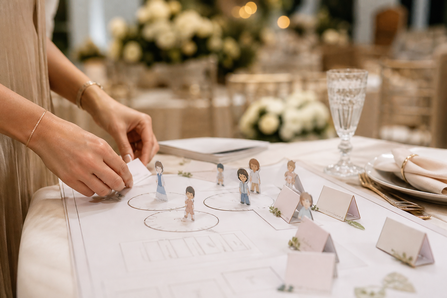 Planificación visual de una distribución de niños en mesas de boda con tarjetas y grupos
