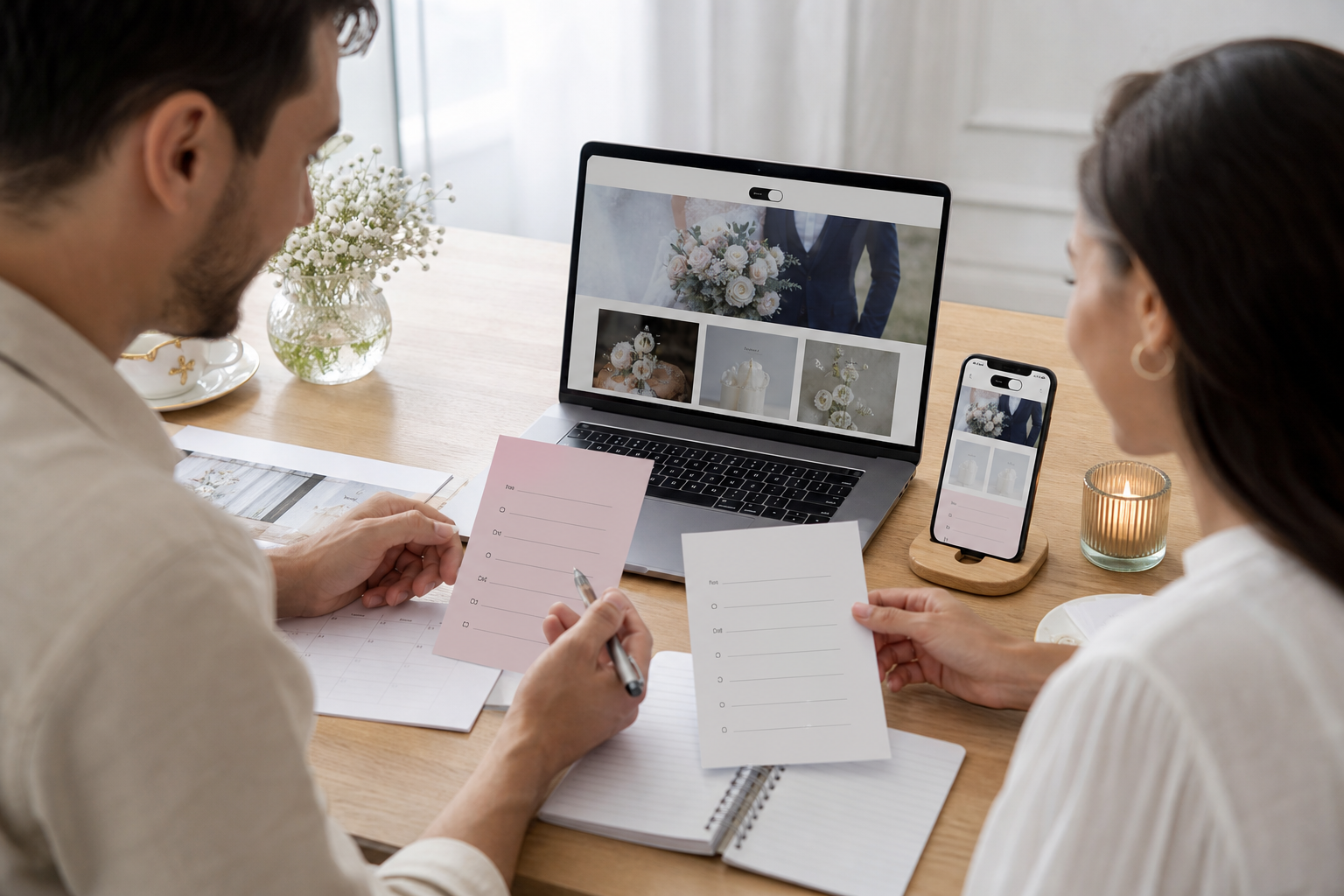 Pareja revisando diseños de invitación y versión digital desde ordenador y móvil