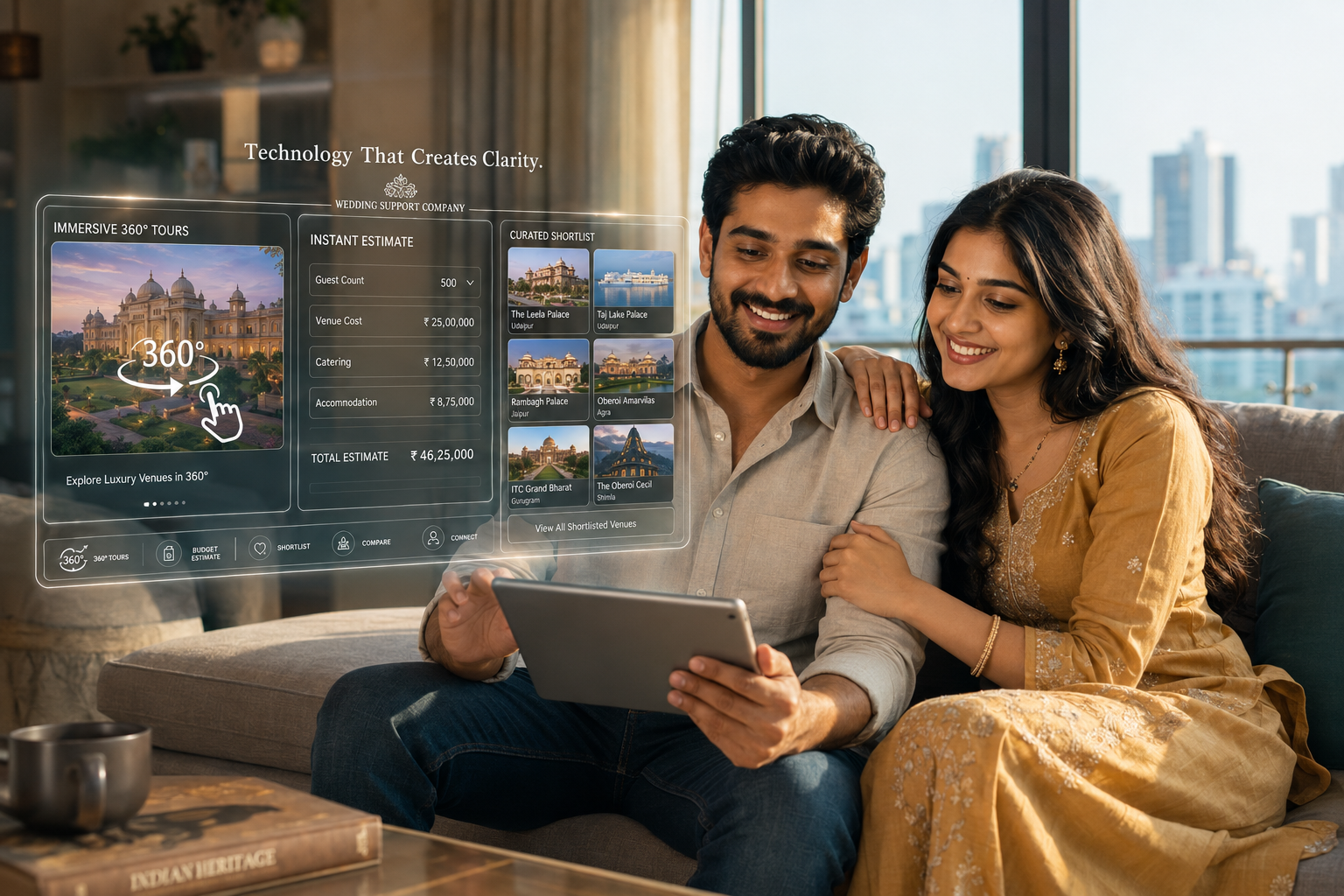 A sleek modern tablet showing a virtual tour