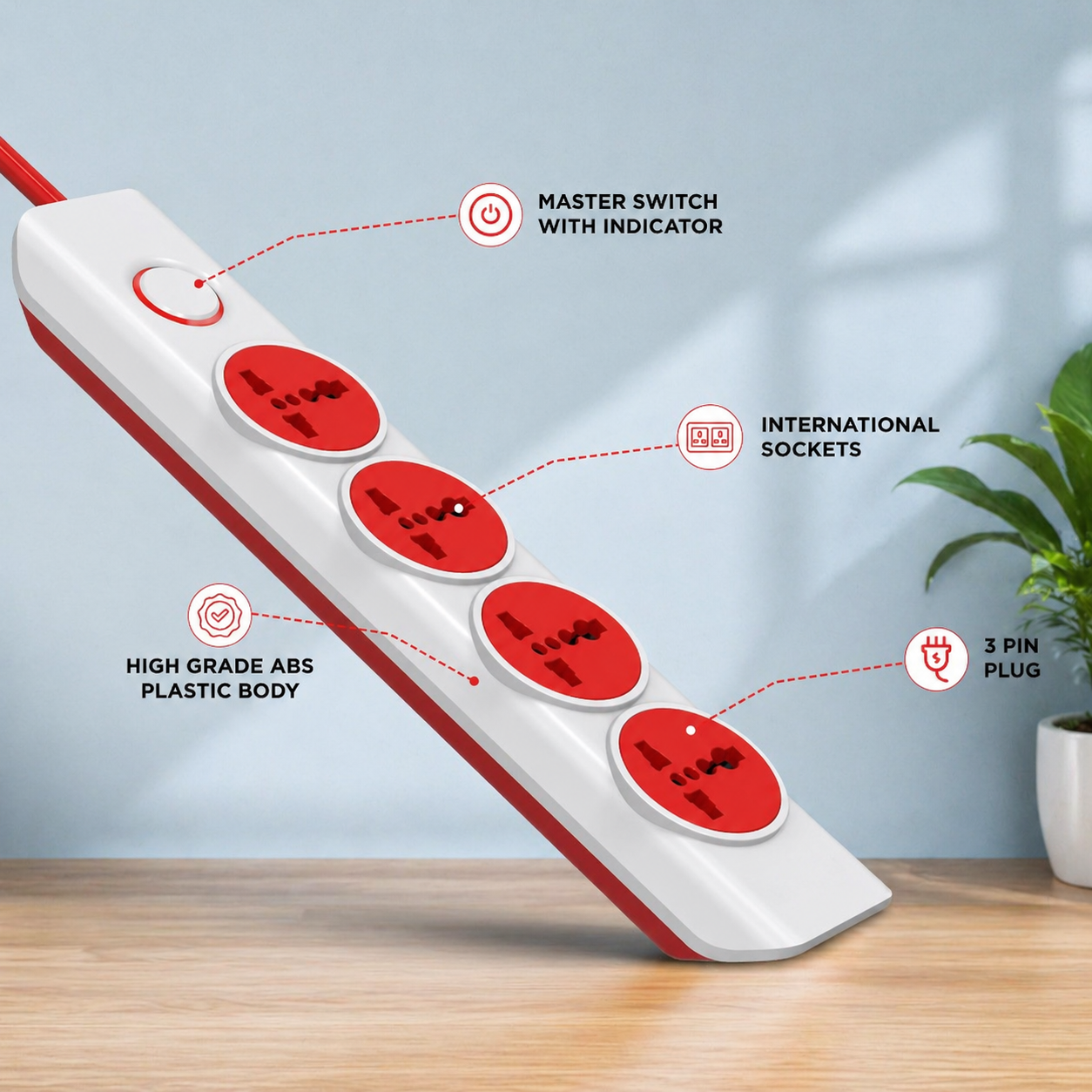 Heavy Duty 4 Socket Extension Board | 3M Long Cord | 2000W, 6A Multi Plug with Universal Sockets for Home & Office