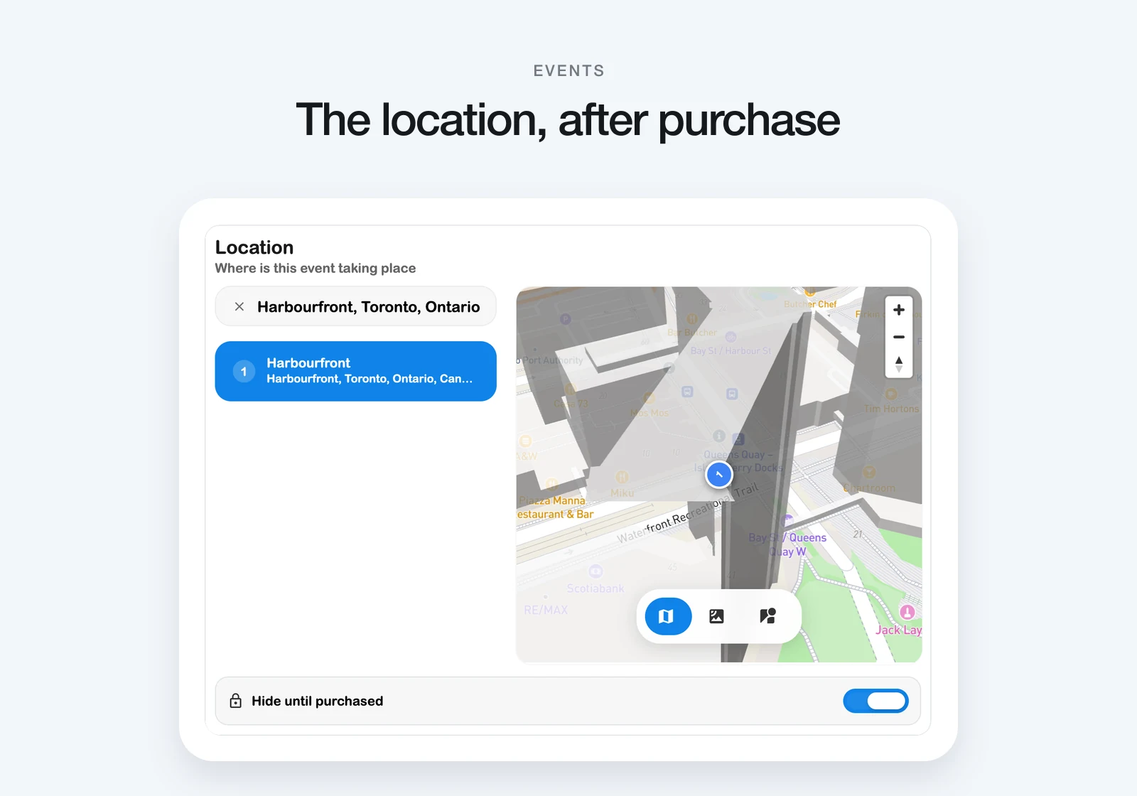 Event location settings with Hide until purchased switched on.
