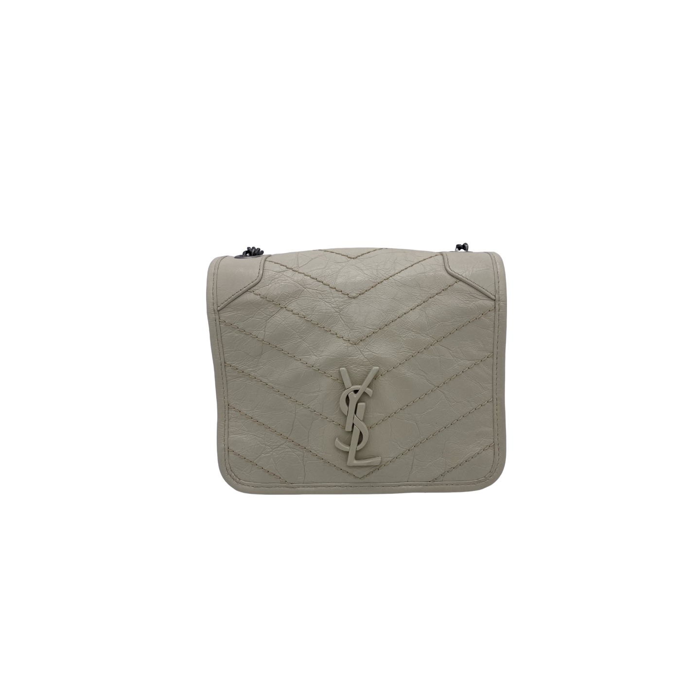 Saint Laurent Crinkled Calfskin Matelasse Monogram Niki Chain Wallet Crema Soft