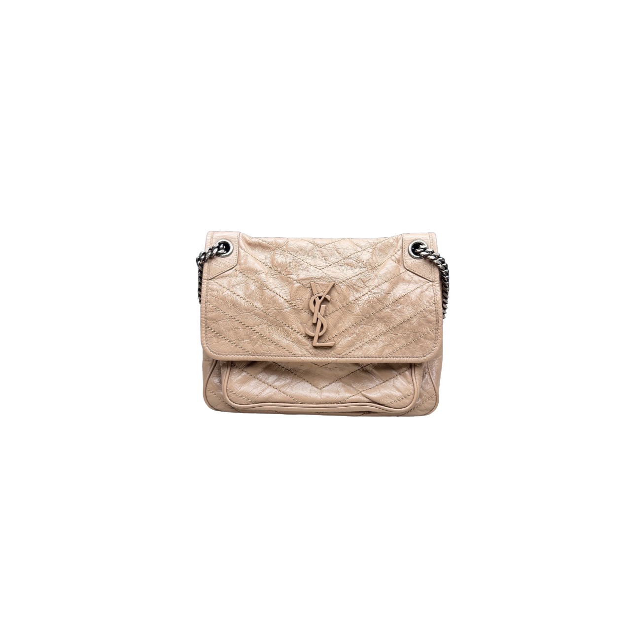 Saint Laurent Crinkled Calfskin Matelasse Monogram Medium Niki Chain Satchel Dusty Grey Sold Out