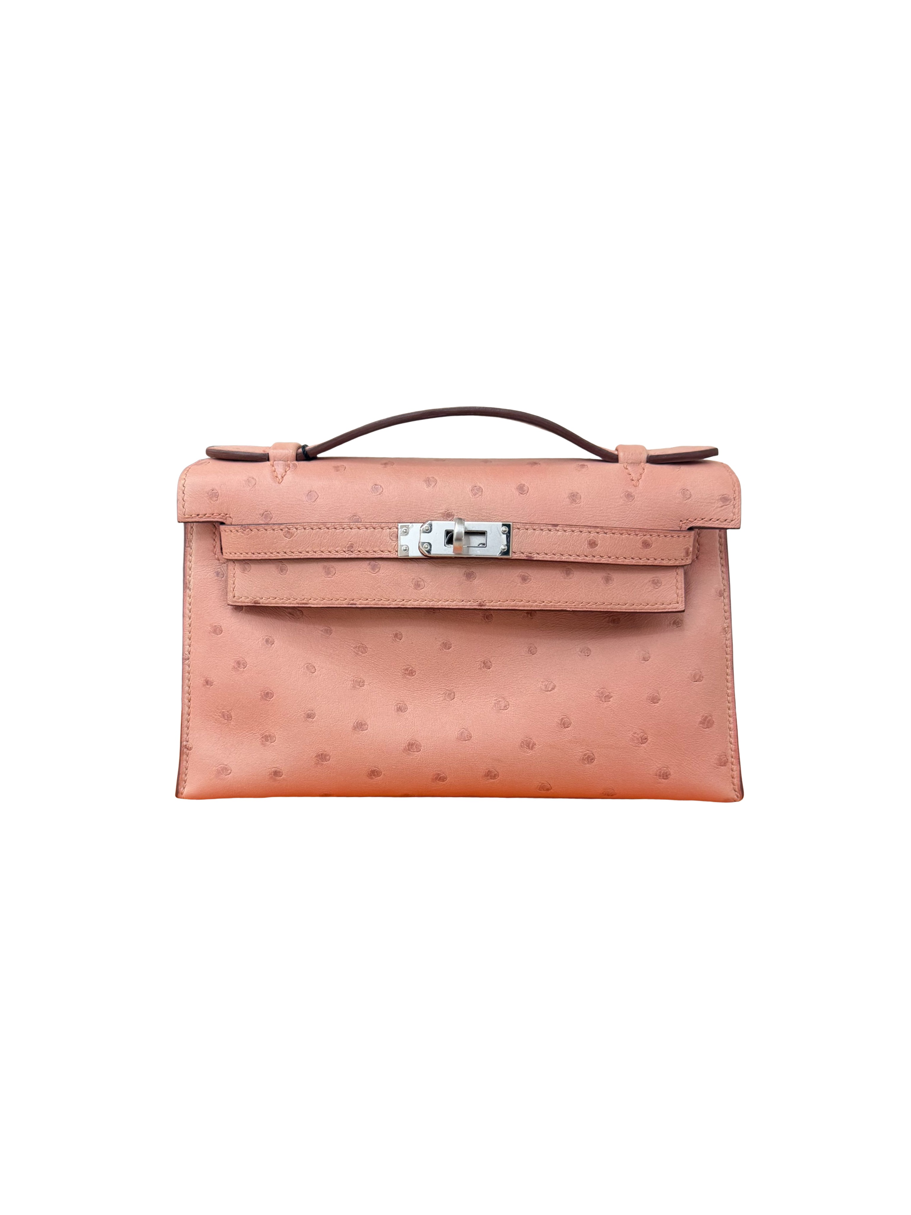 Hermès Kelly Ostrich Terre Cuite Clutch Pochette Palladium Hardware A Stamp