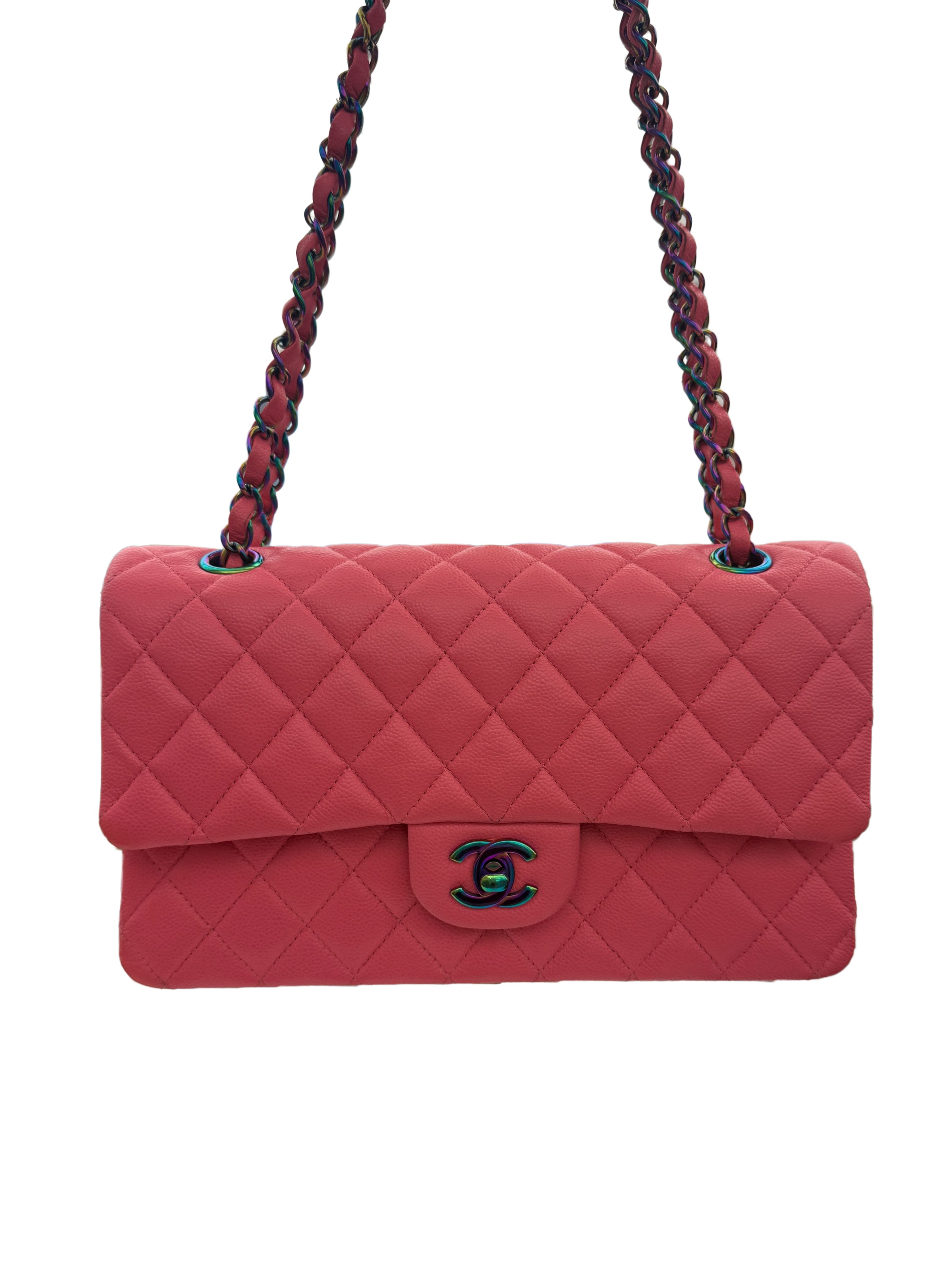 Chanel Caviar Quilted Rainbow CC Double Flap Pink