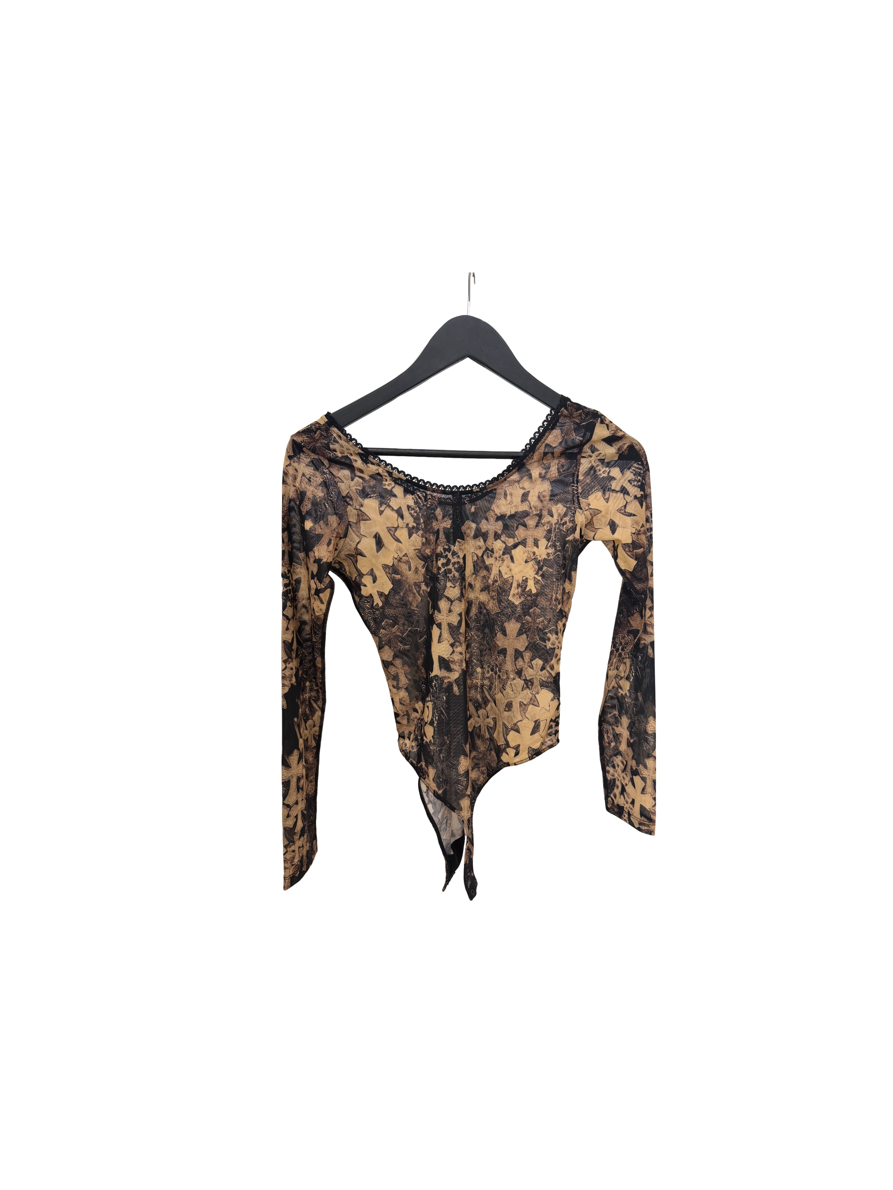 Chrome Hearts Waterfall Cross Print Mesh Body Suit in a black and tan colorway
