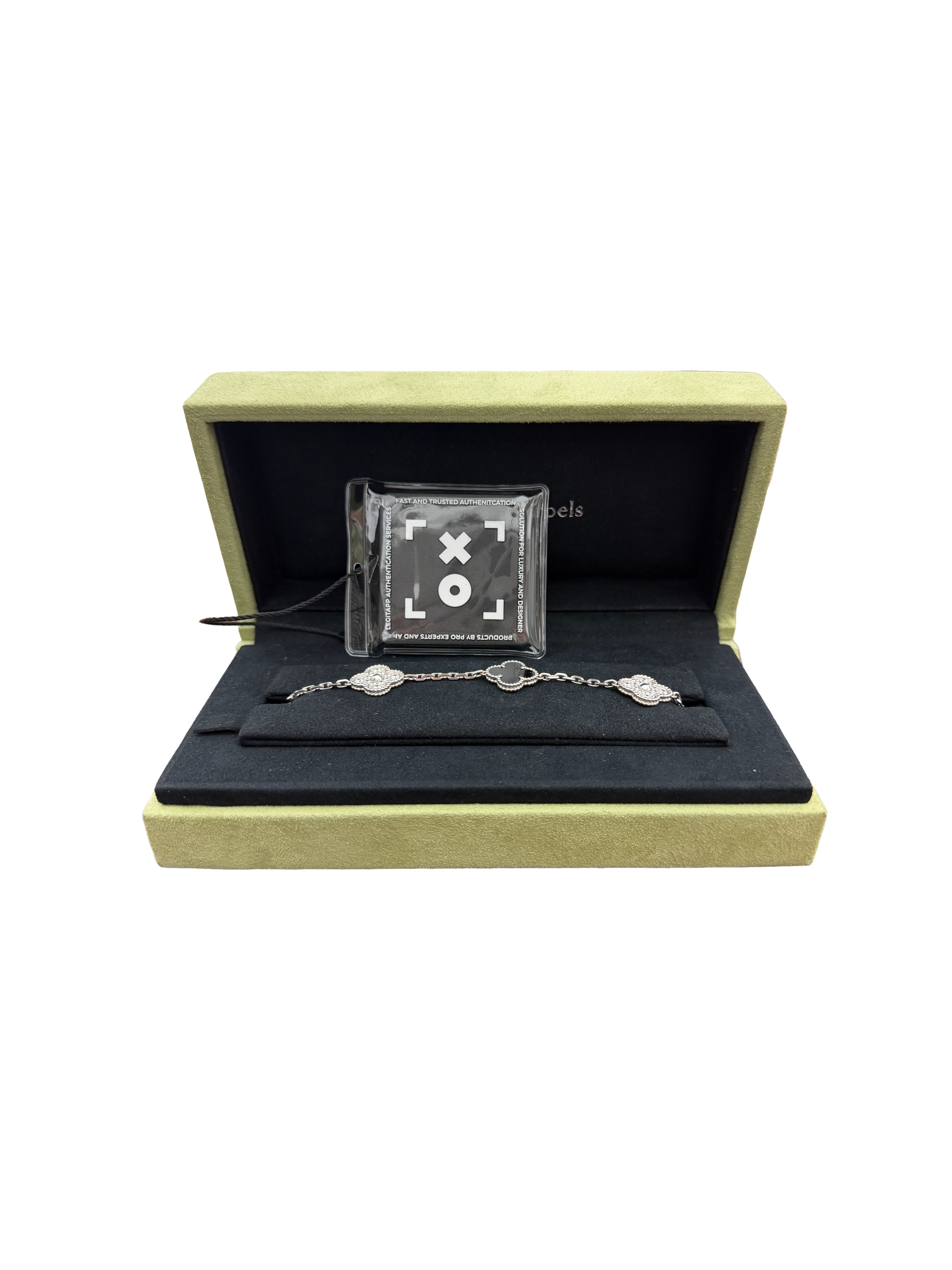 Van Cleef & Arpels 18K White Gold Diamond Black Onyx 5 Motifs Vintage Alhambra Bracelet