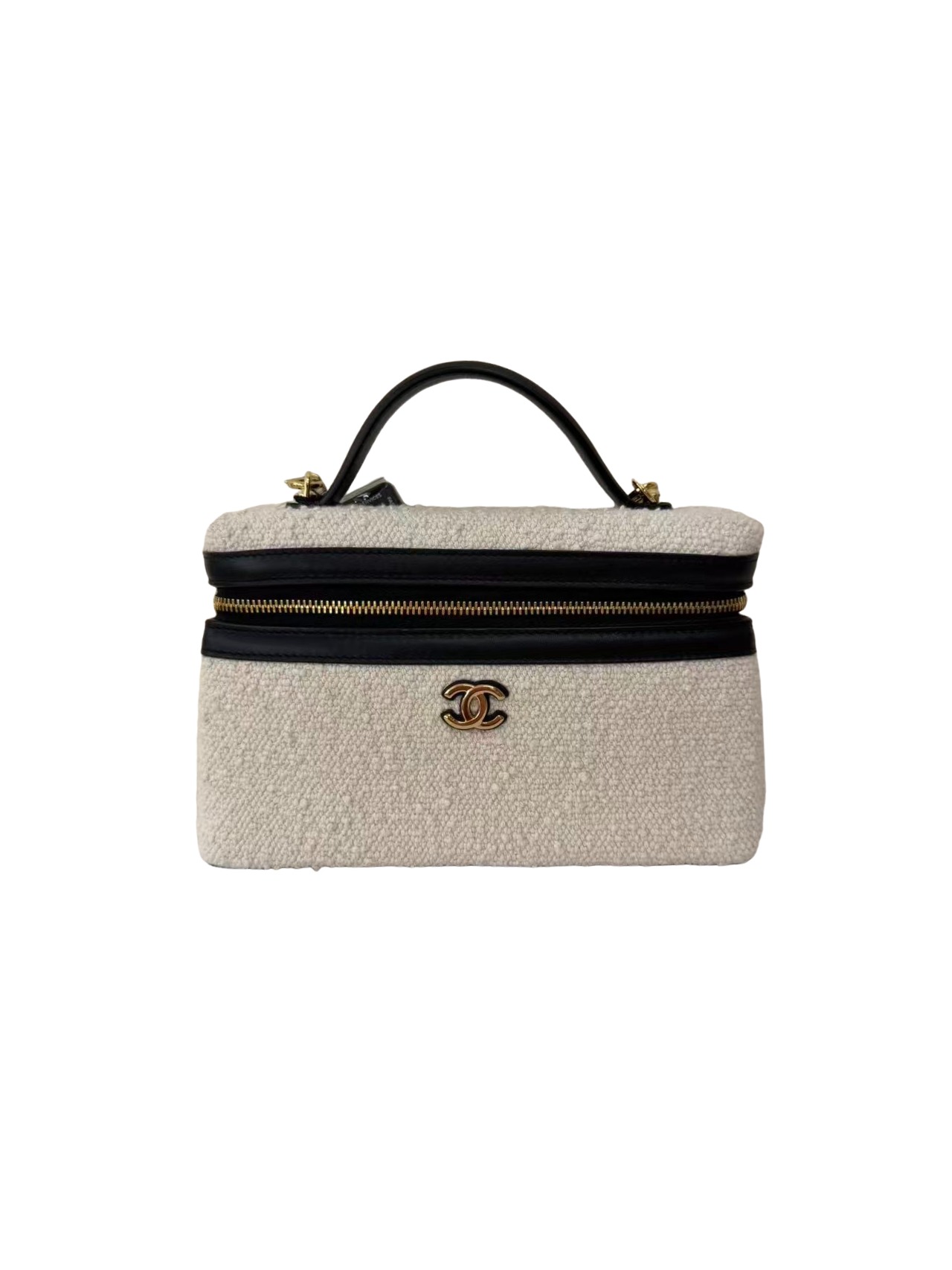 Chanel Tweed Calfskin Top Handle Slim Vanity Case With Chain Black Beige