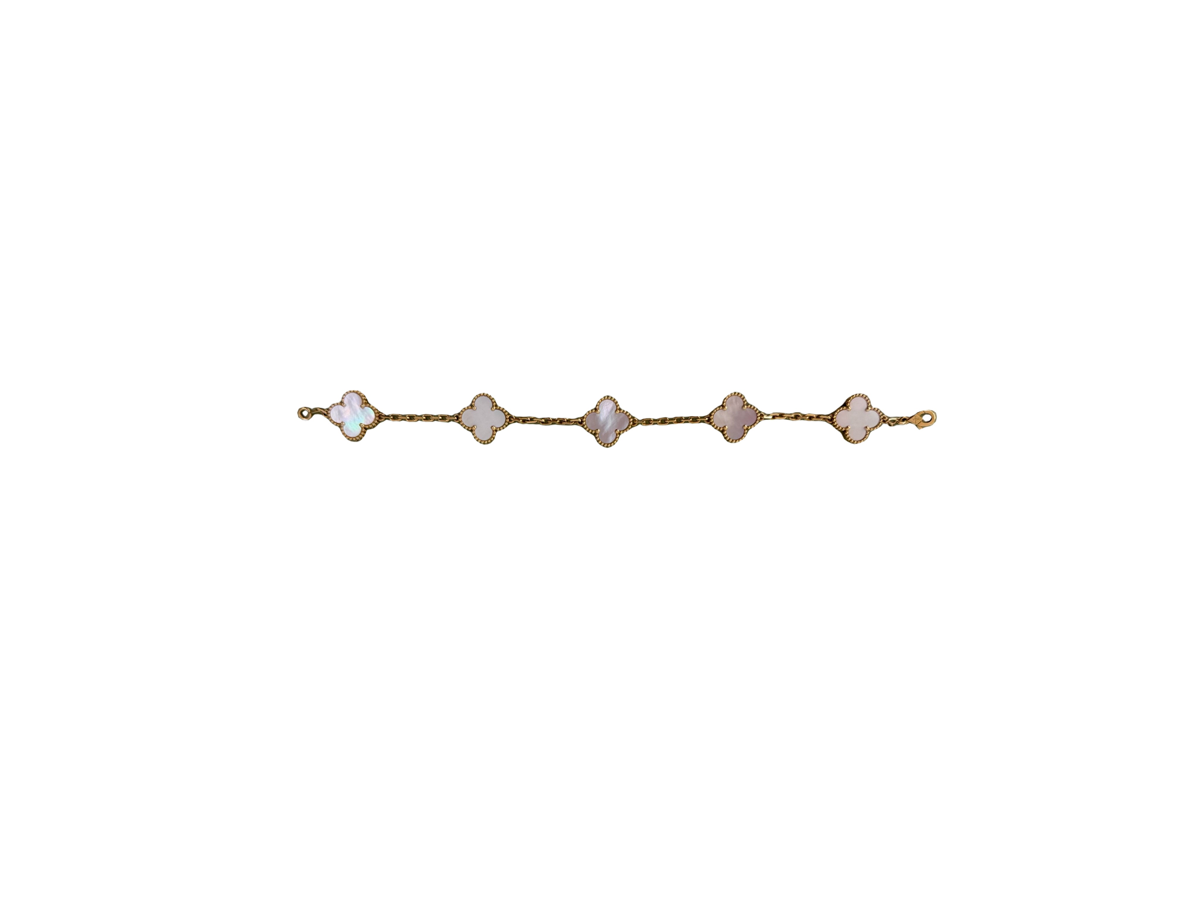 Van Cleef & Arpels 18k Yellow Gold and Mother of Pearl Vintage Alhambra 5 Motif Bracelet