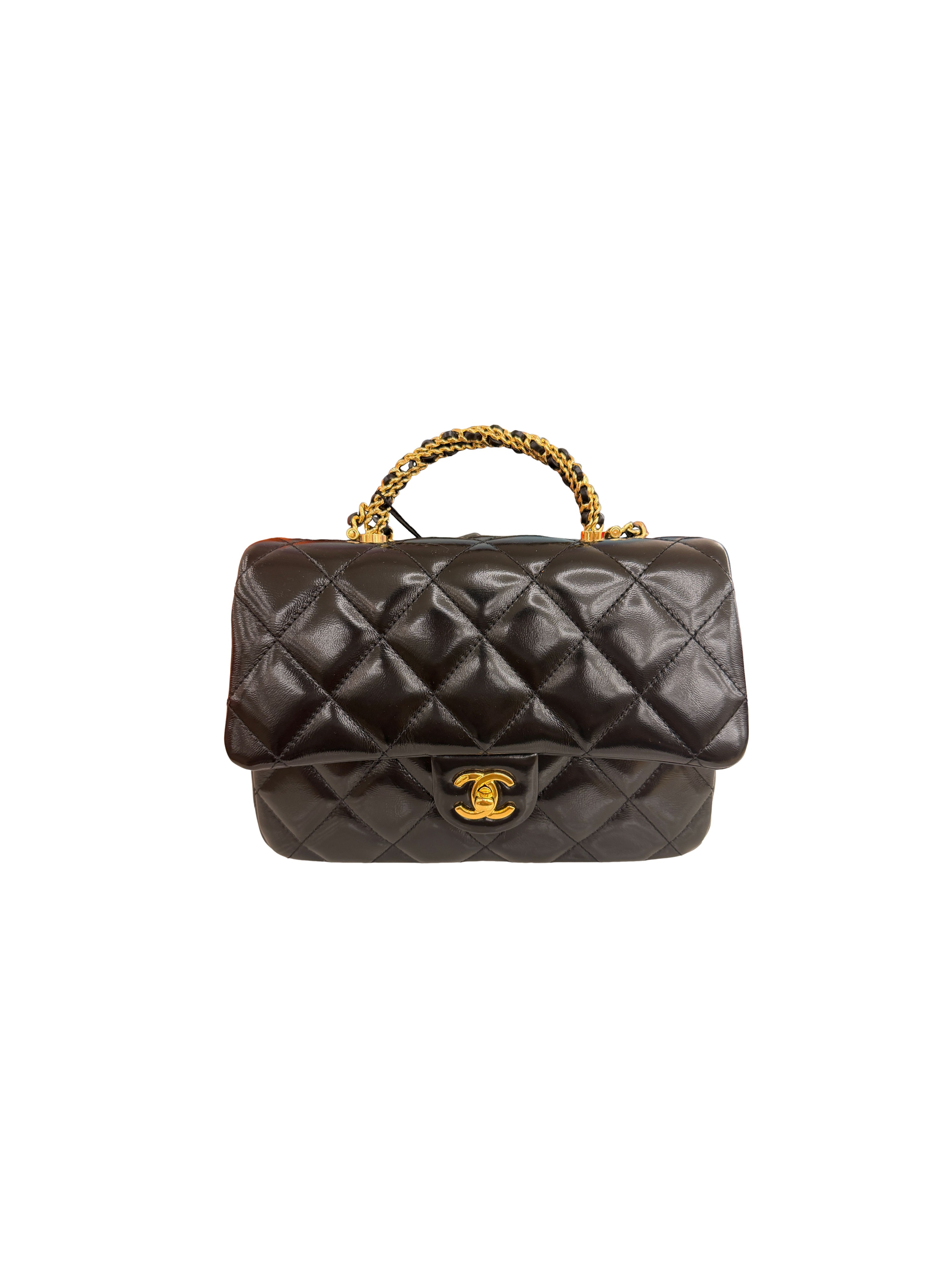 Chanel Shiny Lambskin Quilted Twisted Links Top Handle Flap bag