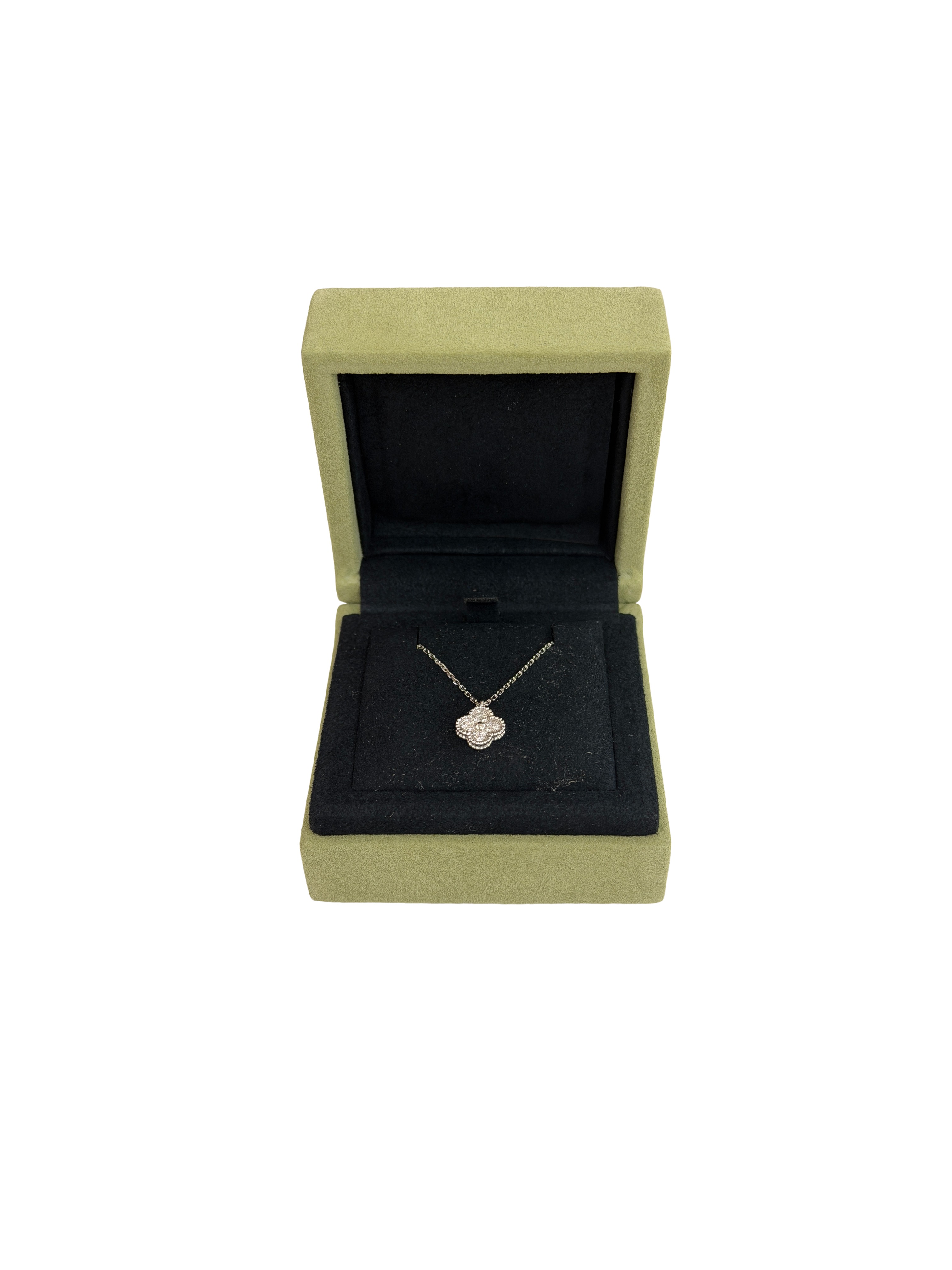 Van Cleef & Arpels 18K White Gold Diamond Sweet Alhambra Pendant Necklace Full Set