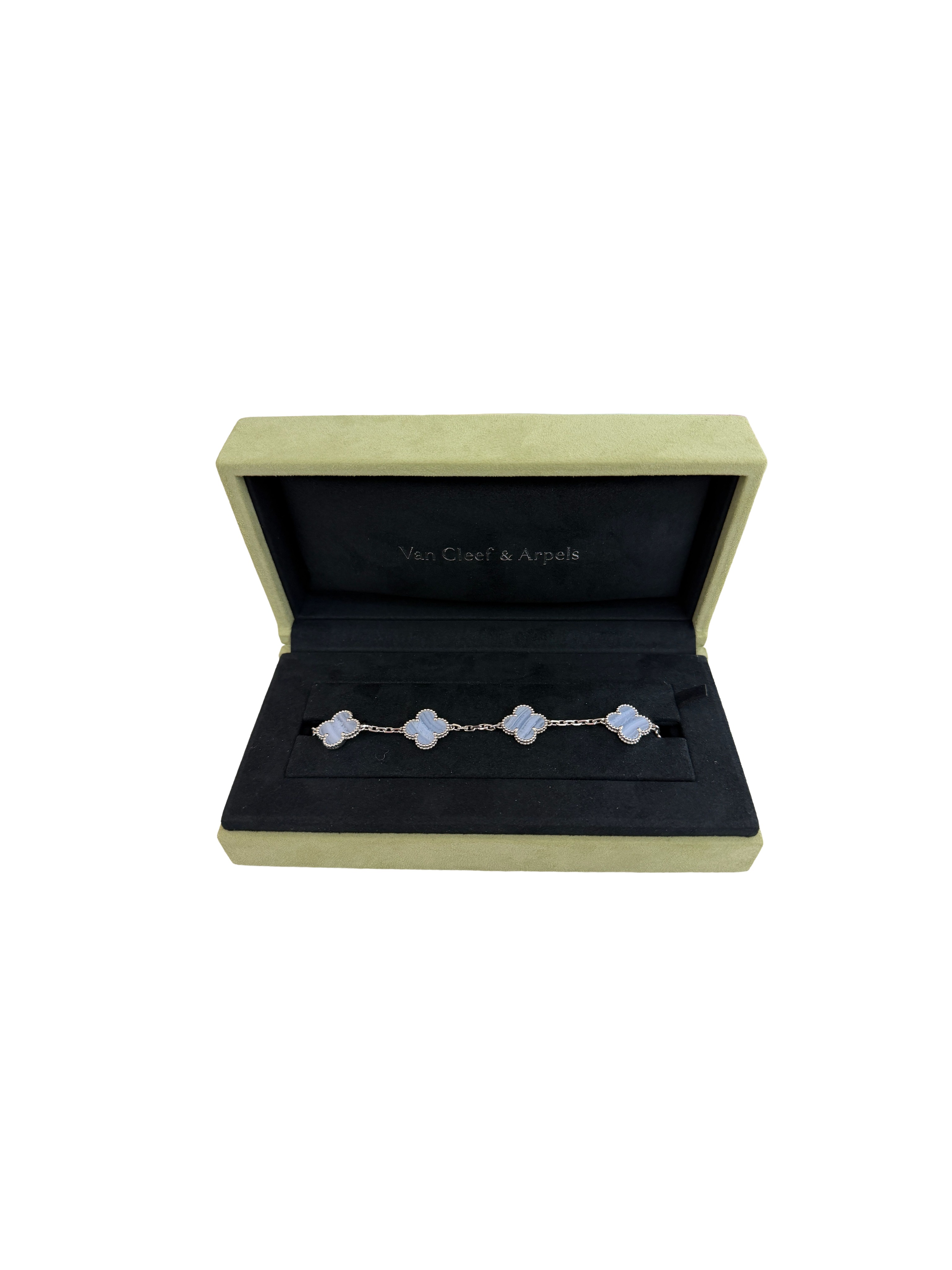 Van Cleef & Arpels 18K White Gold Chalcedony 5 Motifs Vintage Alhambra Bracelet