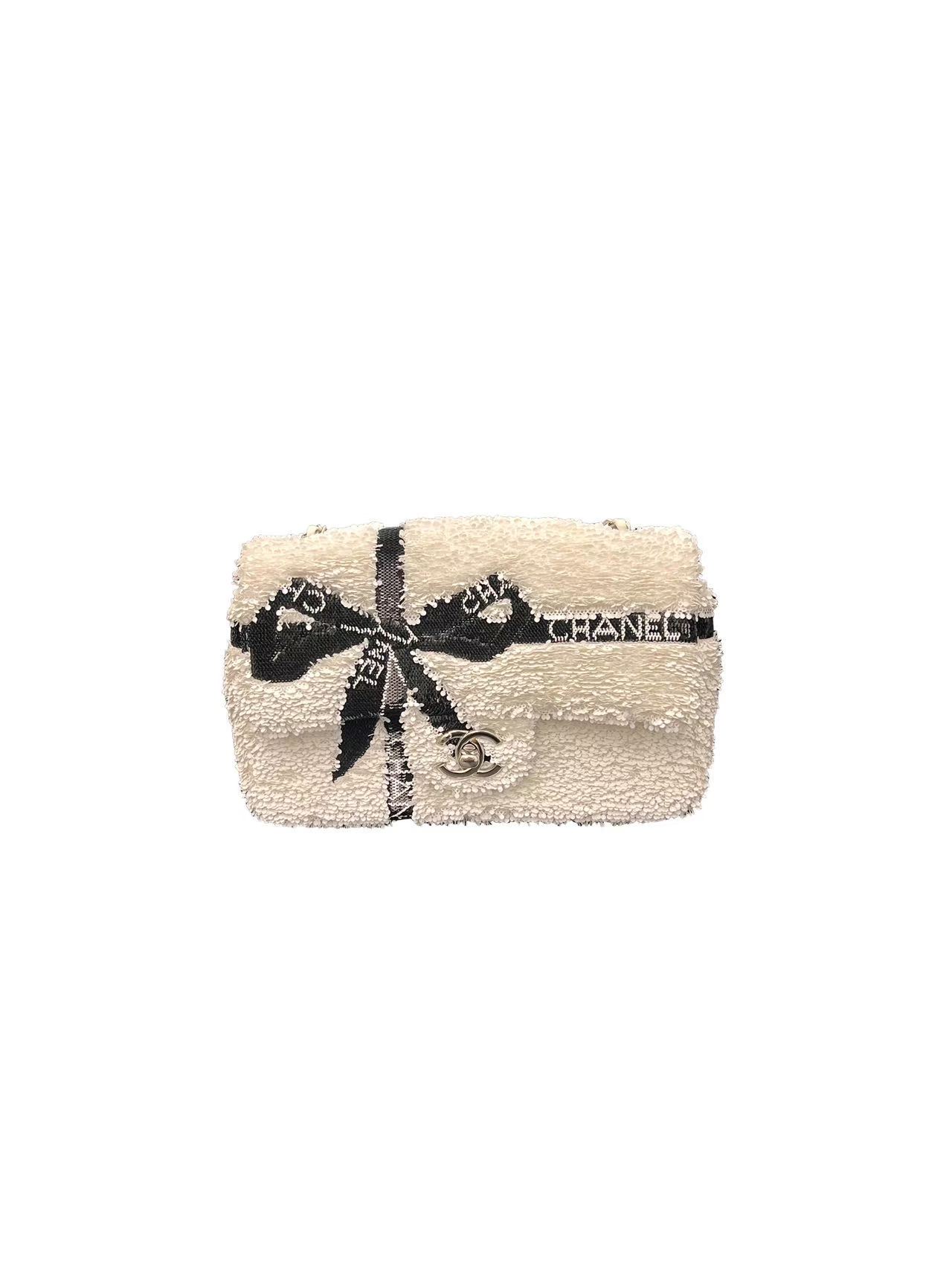 Chanel White & Black Sequin Bow Mini Rectangular Flap Bag