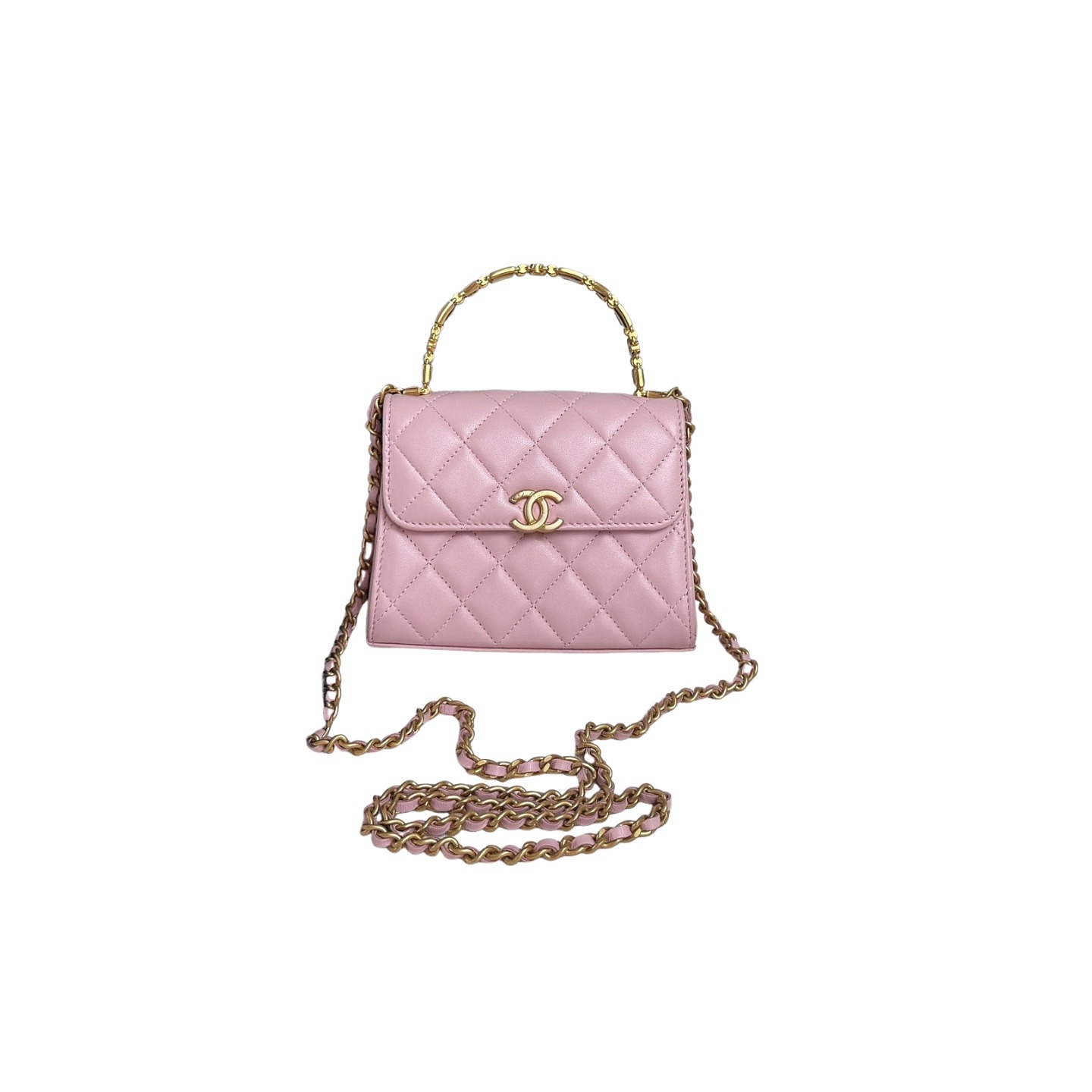 Chanel Lambskin Enamel Quilted Mini Top Handle Flap Pink