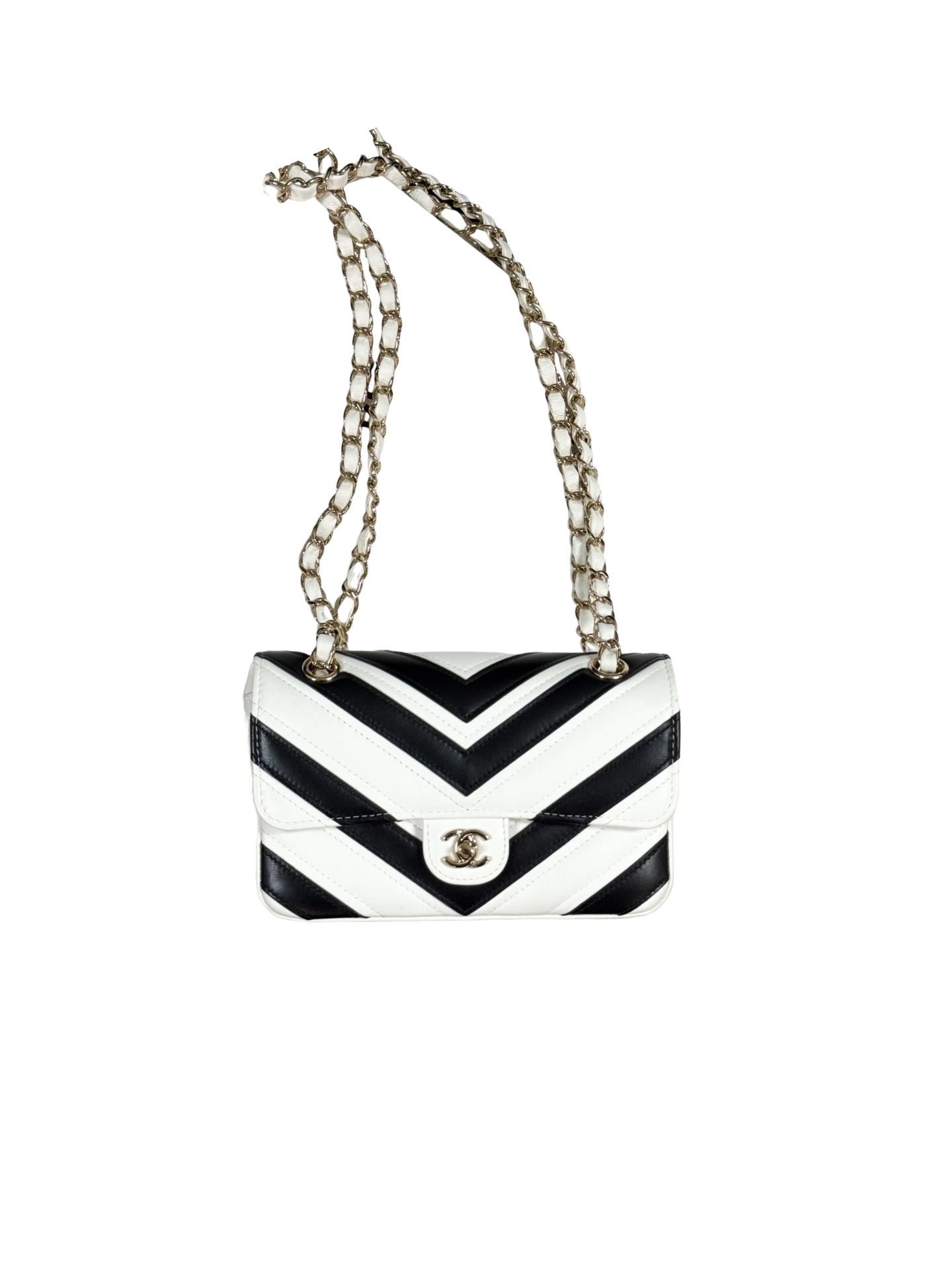 Chanel Lambskin Chevron Stitched Flap White Black