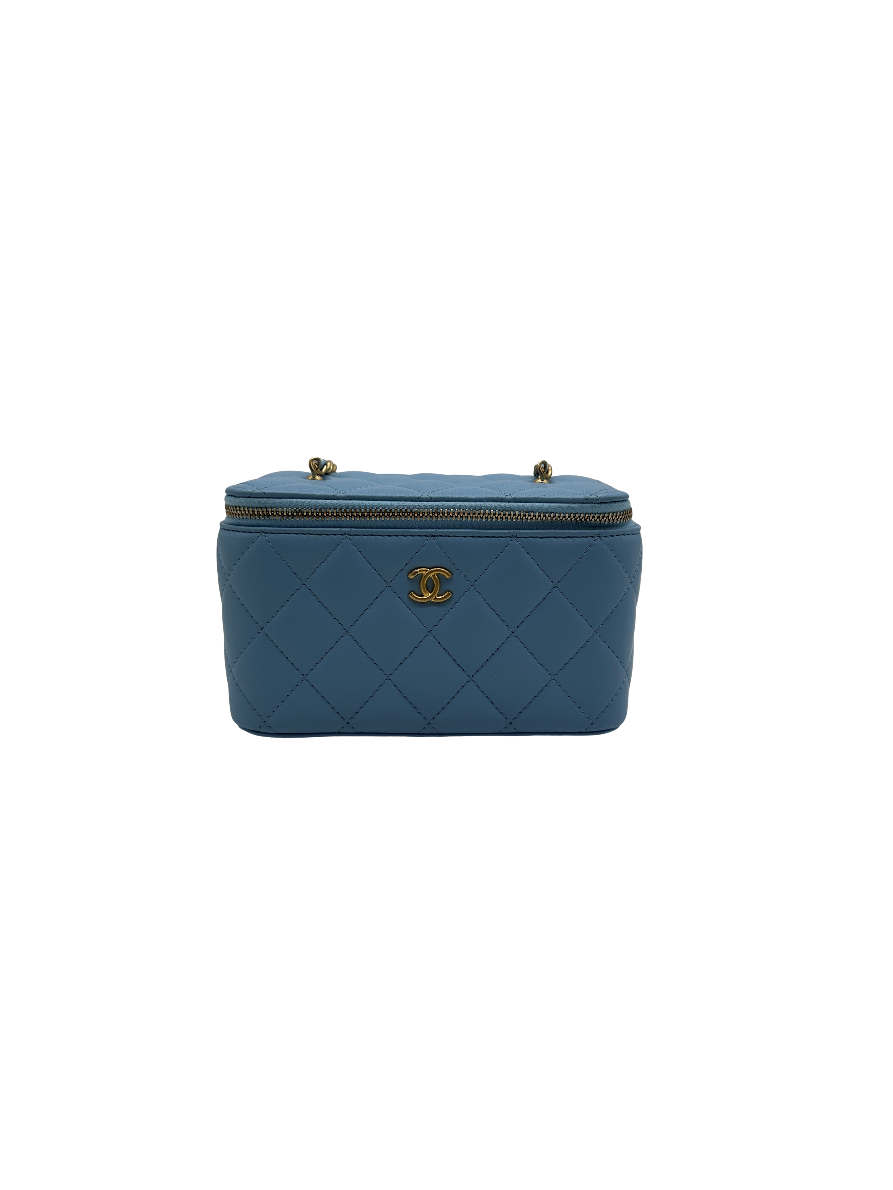 Chanel Blue Quilted Lambskin Pearl Crush Long Vanity Case Gold Hardware