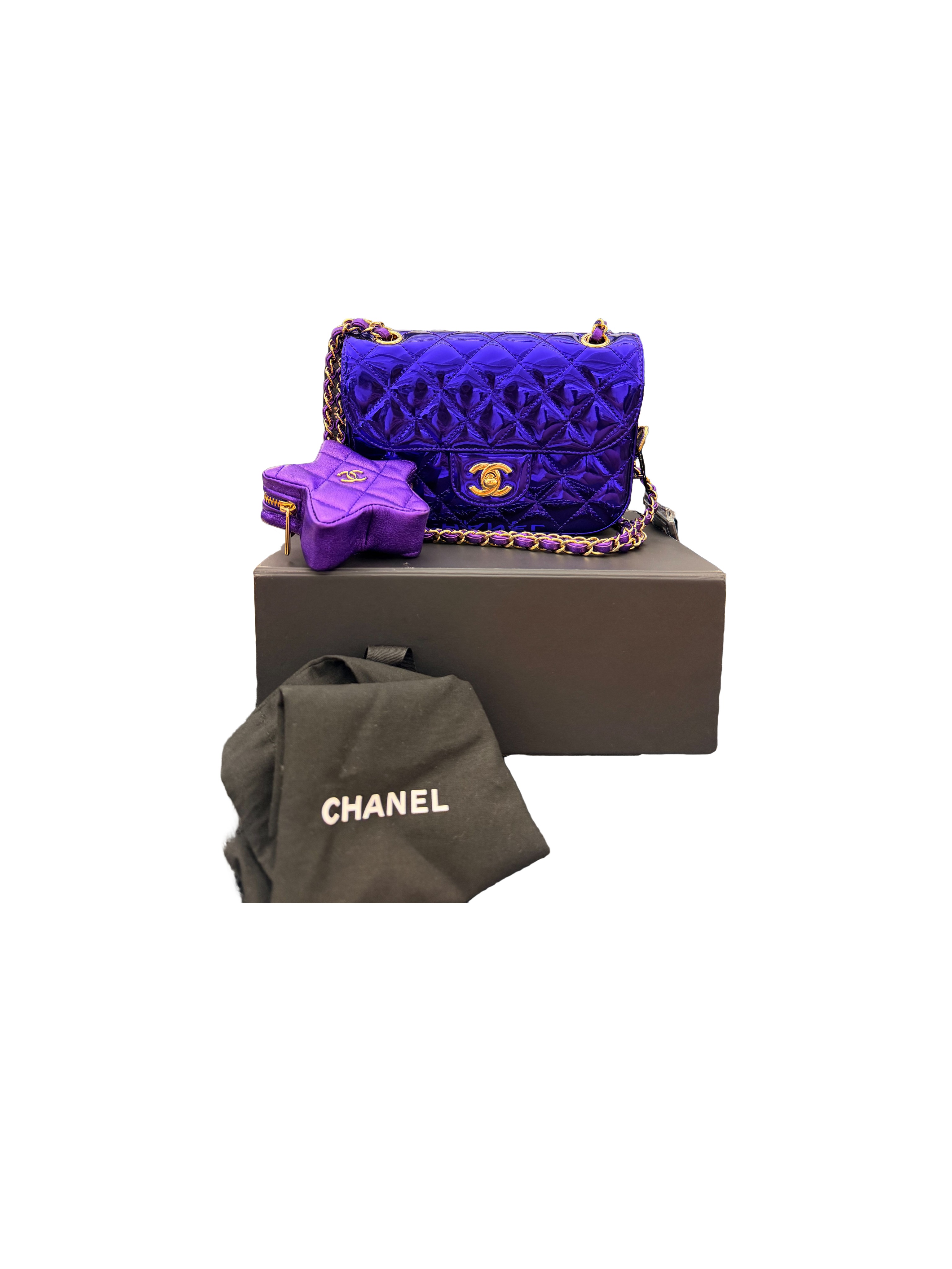 Chanel Mirror Calfskin Metallic Quilted Hollywood Boulevard Mini Flap w/ Purple Star Coin Purse and Original Tag