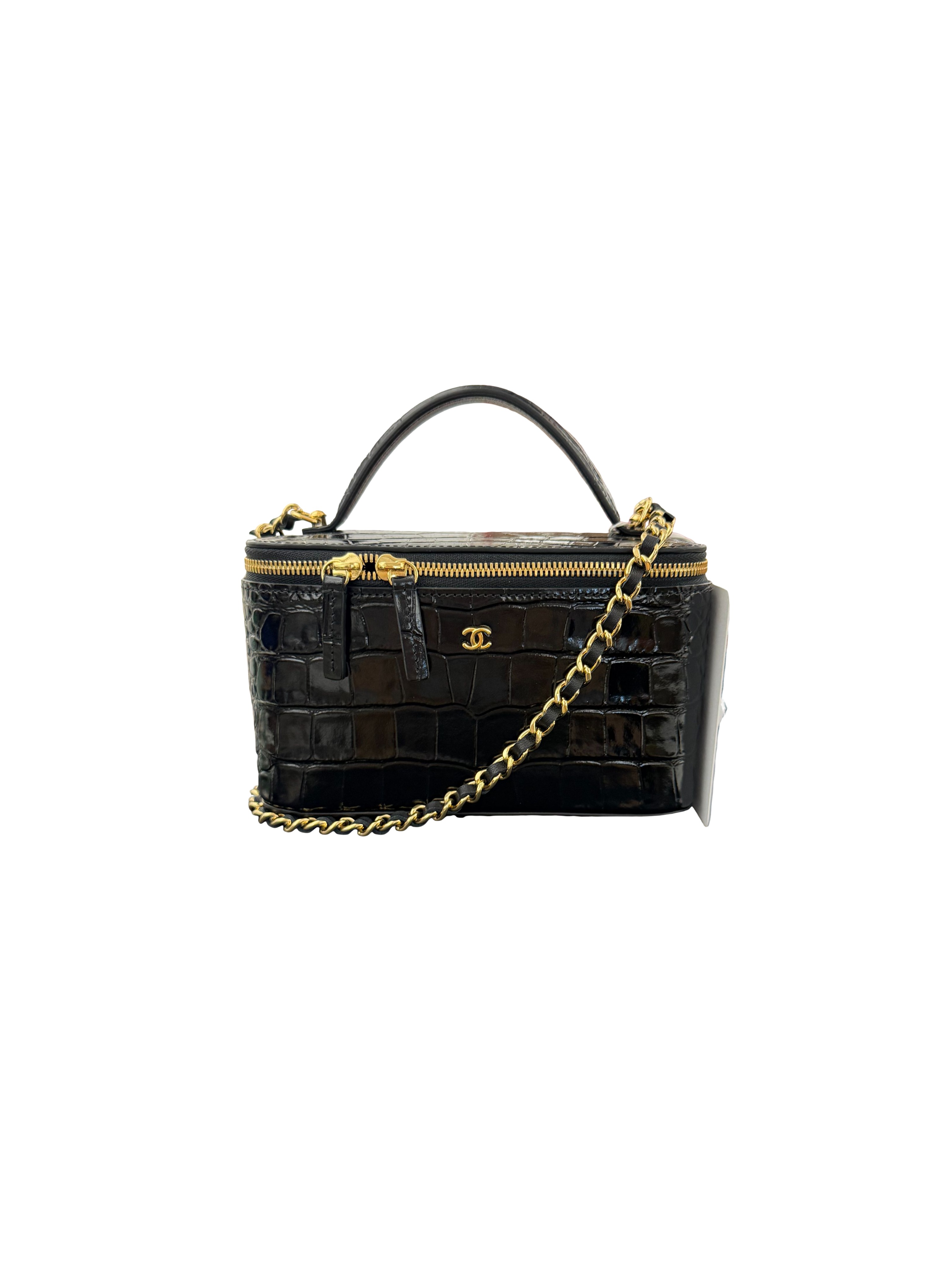 Chanel Calfskin Crocodile Embossed Crococo Small Top Handle Vanity Case With Chain Black