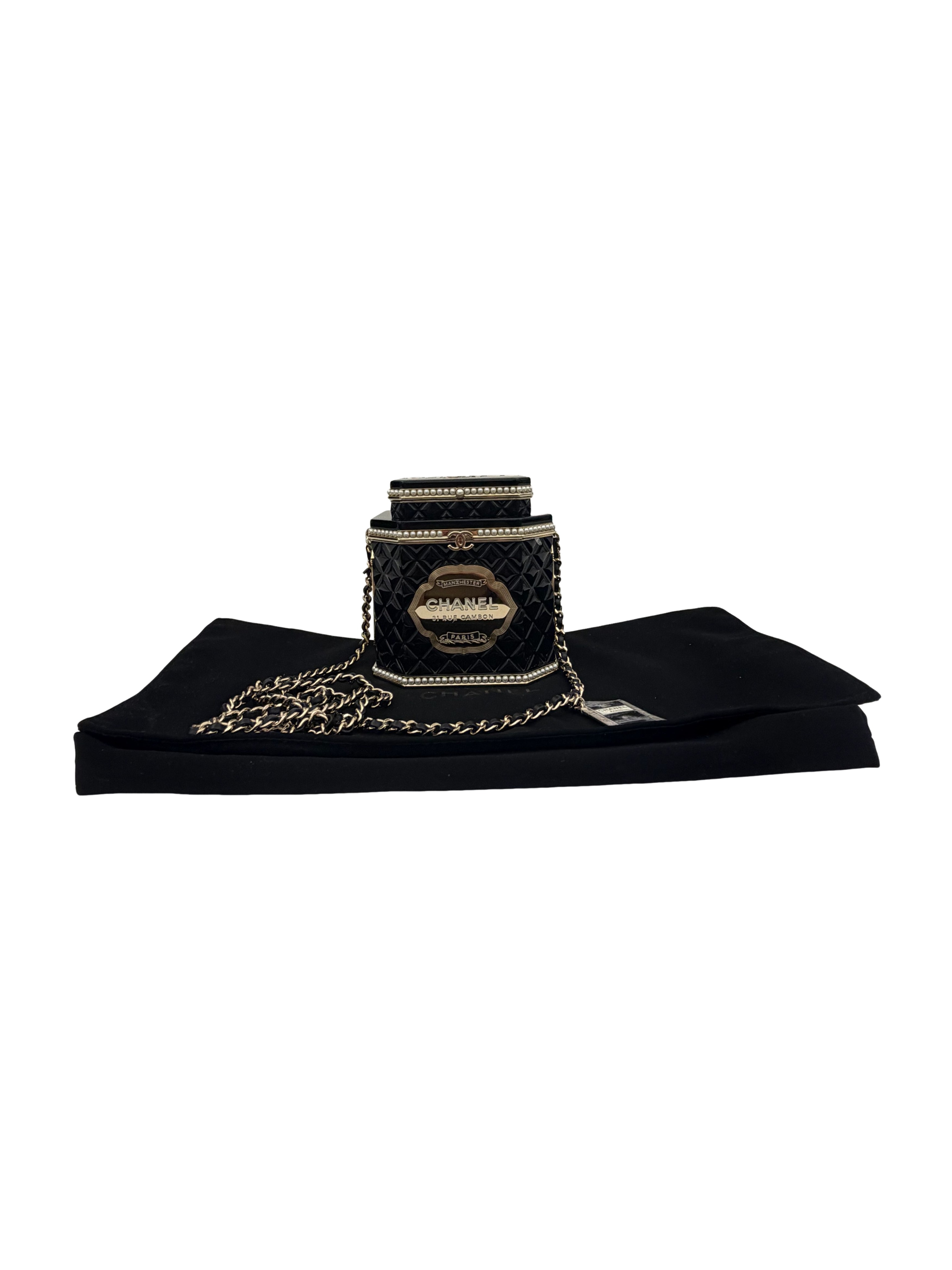 Chanel Limited Edition Black Quilted Resin Tea Box Minaudiere Imitation Pearl and Gold Hardware