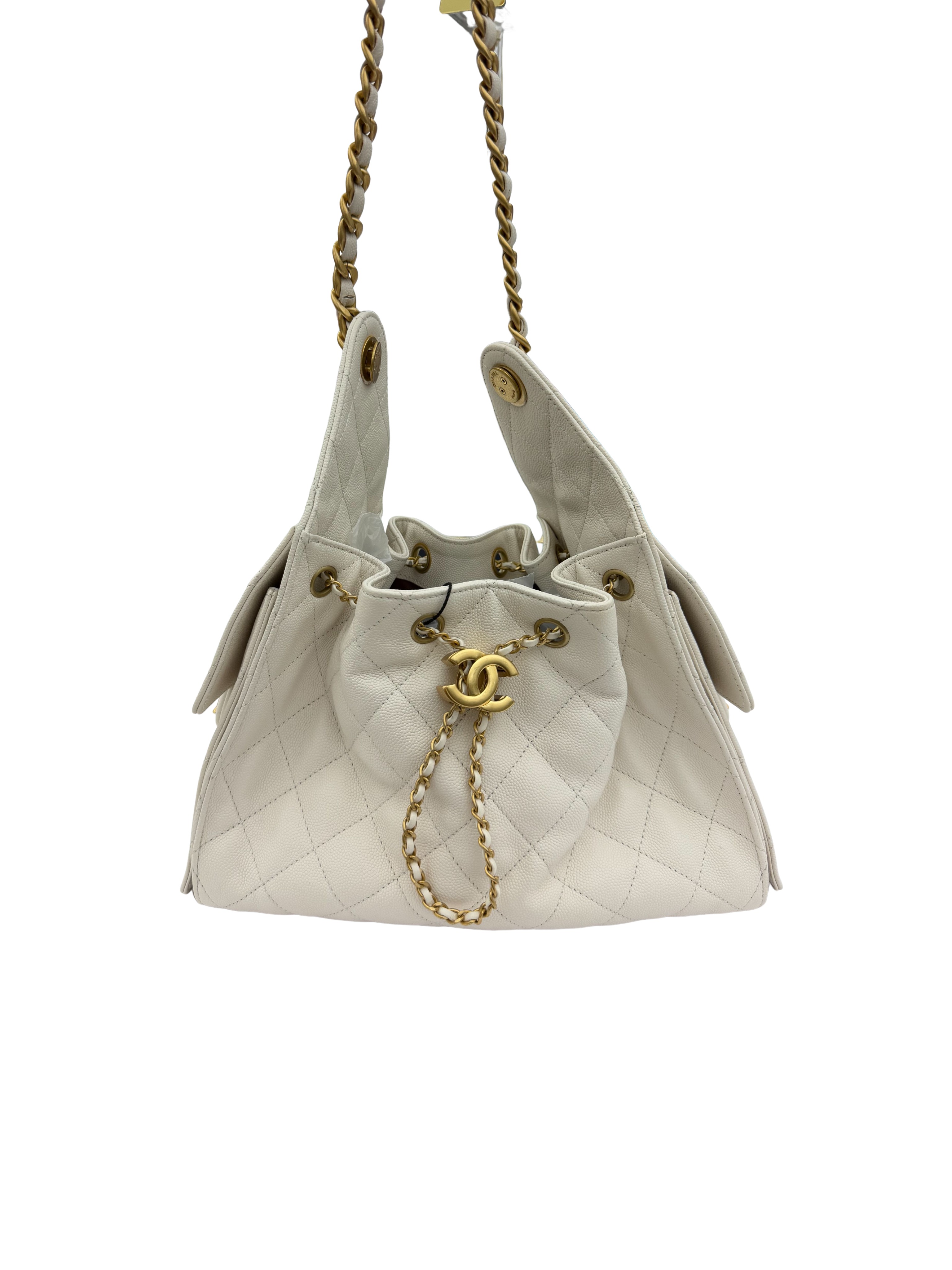 Chanel Small 25 Hobo Bag White Caviar Antique Gold Hardware