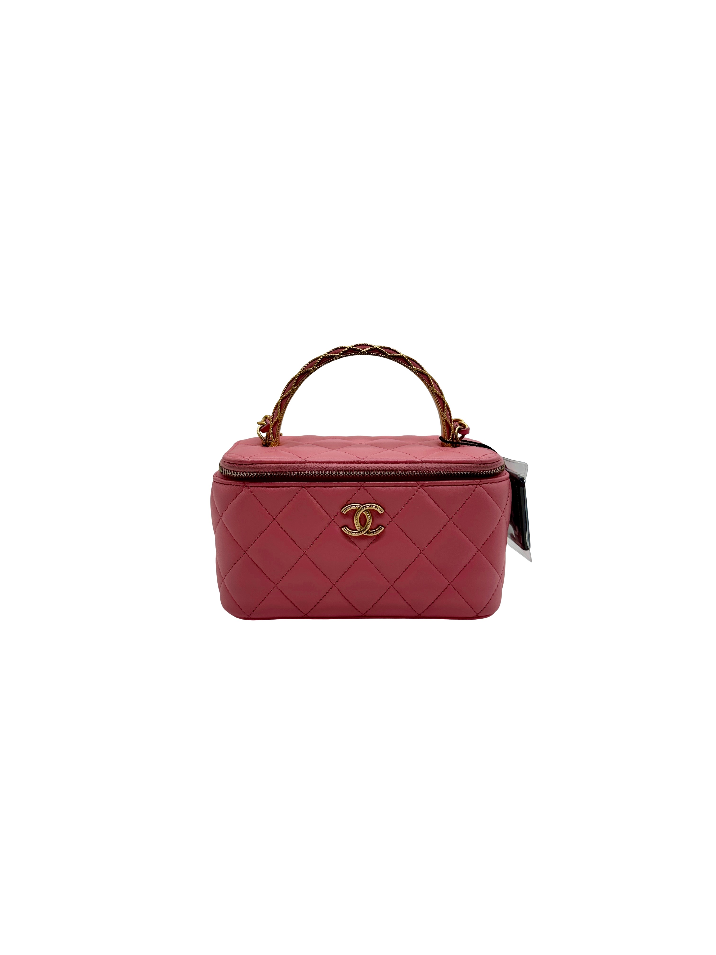 Chanel Lambskin Quilted Small Top Handle Vanity Case With Chain Pink