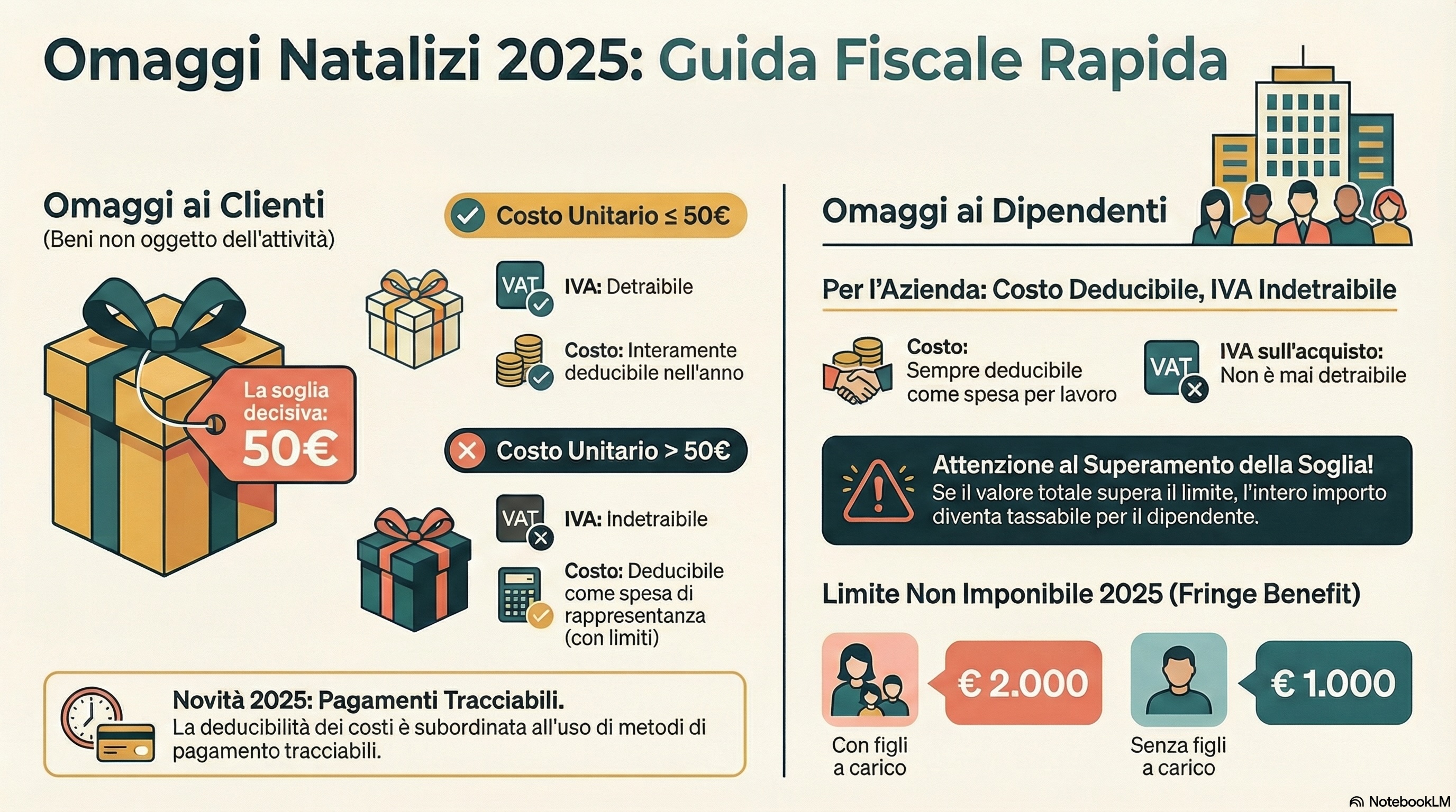 Infografica con suggerimenti fiscali per i regali aziendali di Natale 2025. Regole per omaggi a clienti e dipendenti, soglie di costo unitario e limiti non imponibili.