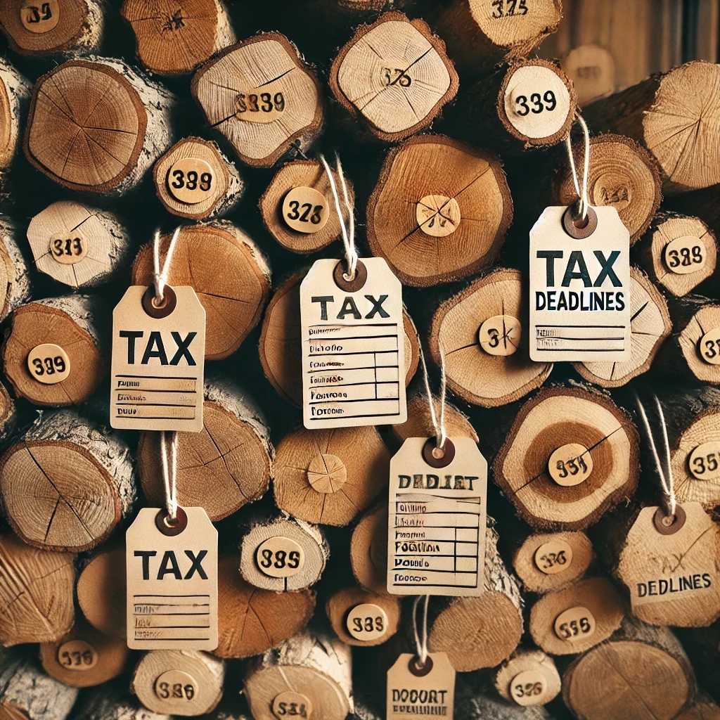 Un mucchio di tronchi di legno con etichette fiscali attaccate.