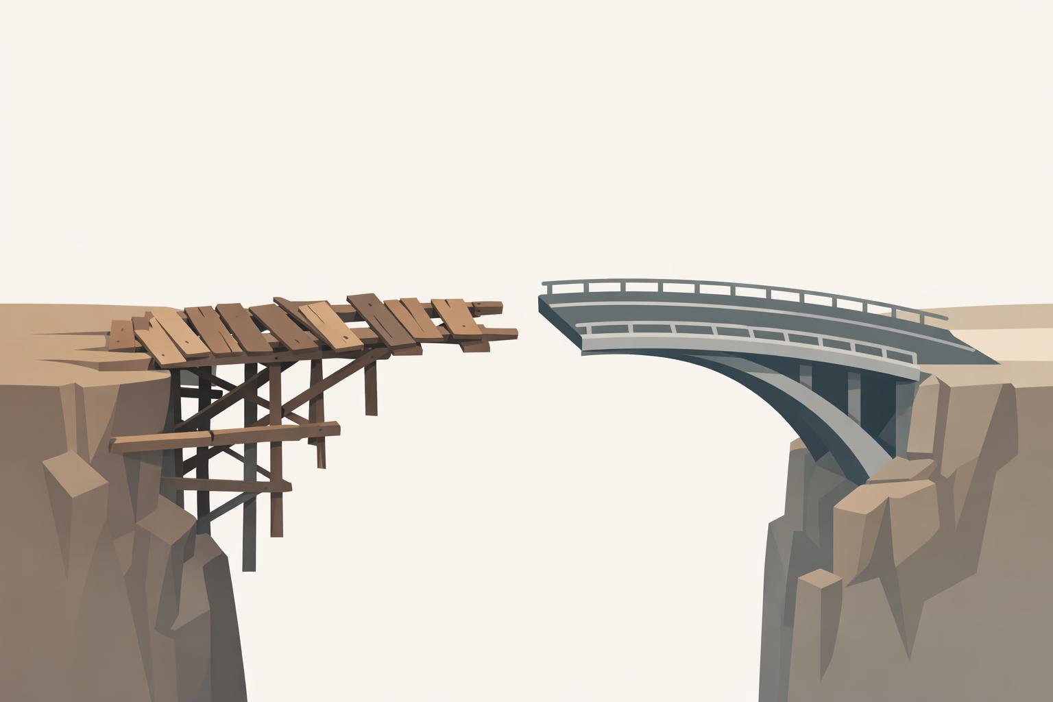 Bridge under construction showing mismatched planks on one side and a solid workflow path on the other