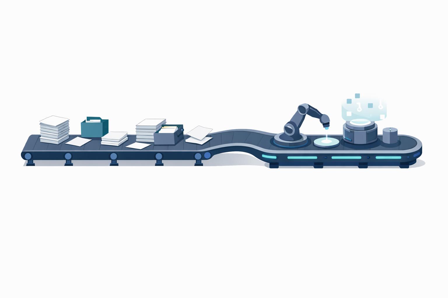 paper workflow shifting into an AI-assisted assembly line, showing tool access becoming real workflow change