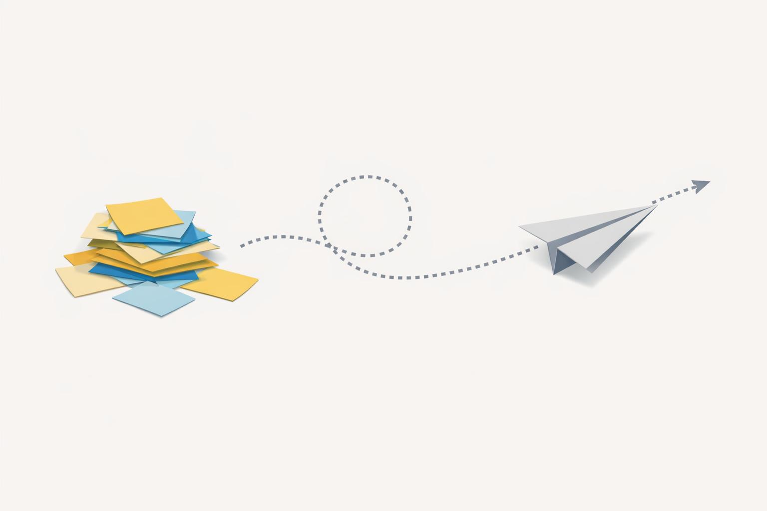 Paper airplane folded from sticky notes into a clear flight path, symbolizing AI briefing to workflow change