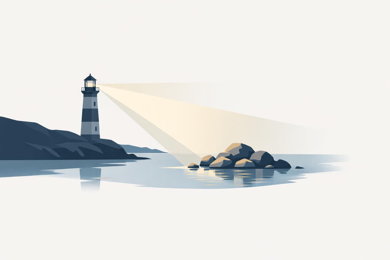 Lighthouse beam revealing first AI adoption pockets along a shoreline