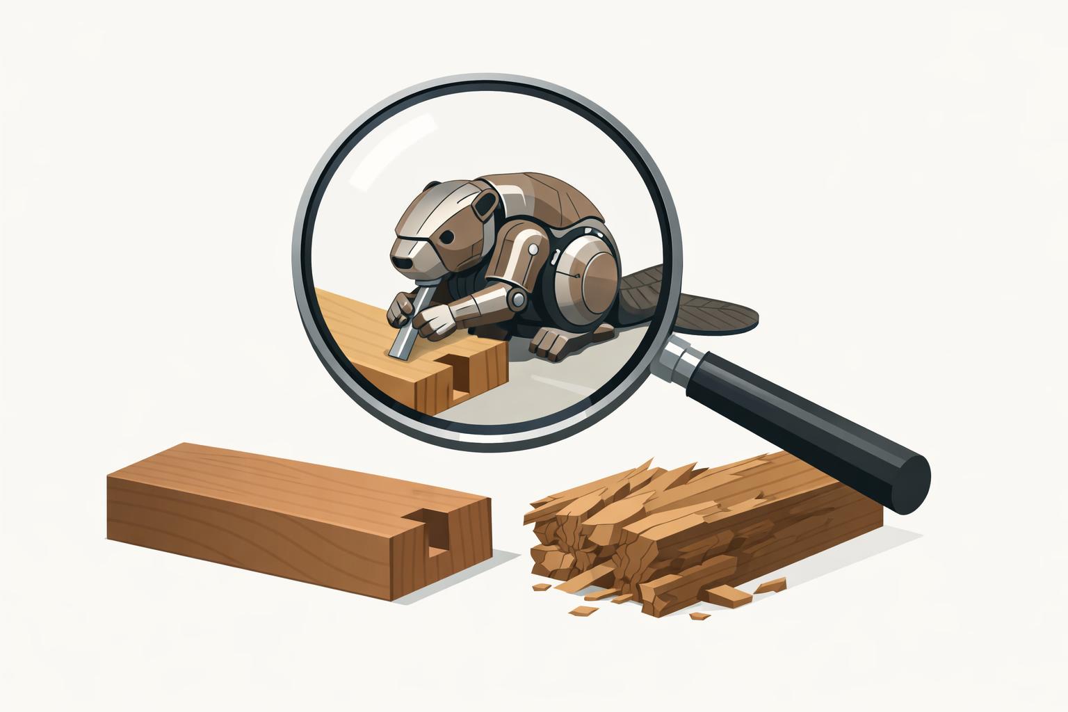 Magnifying glass over beaver carving a wooden joint, contrasting polished craftsmanship with rough splintered wood in AI builder screening