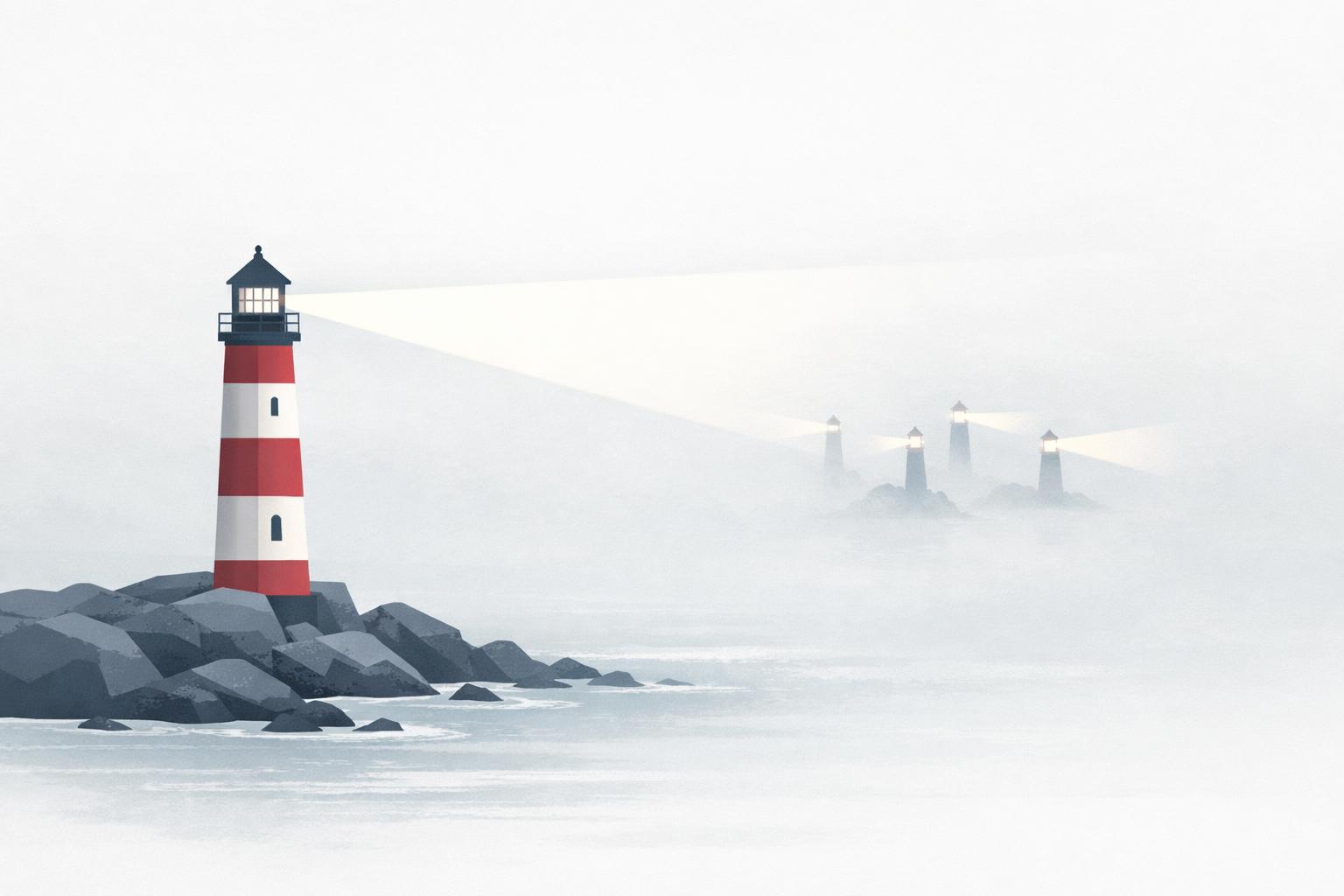 Lighthouse beam revealing hidden AI power users clustered in the distance