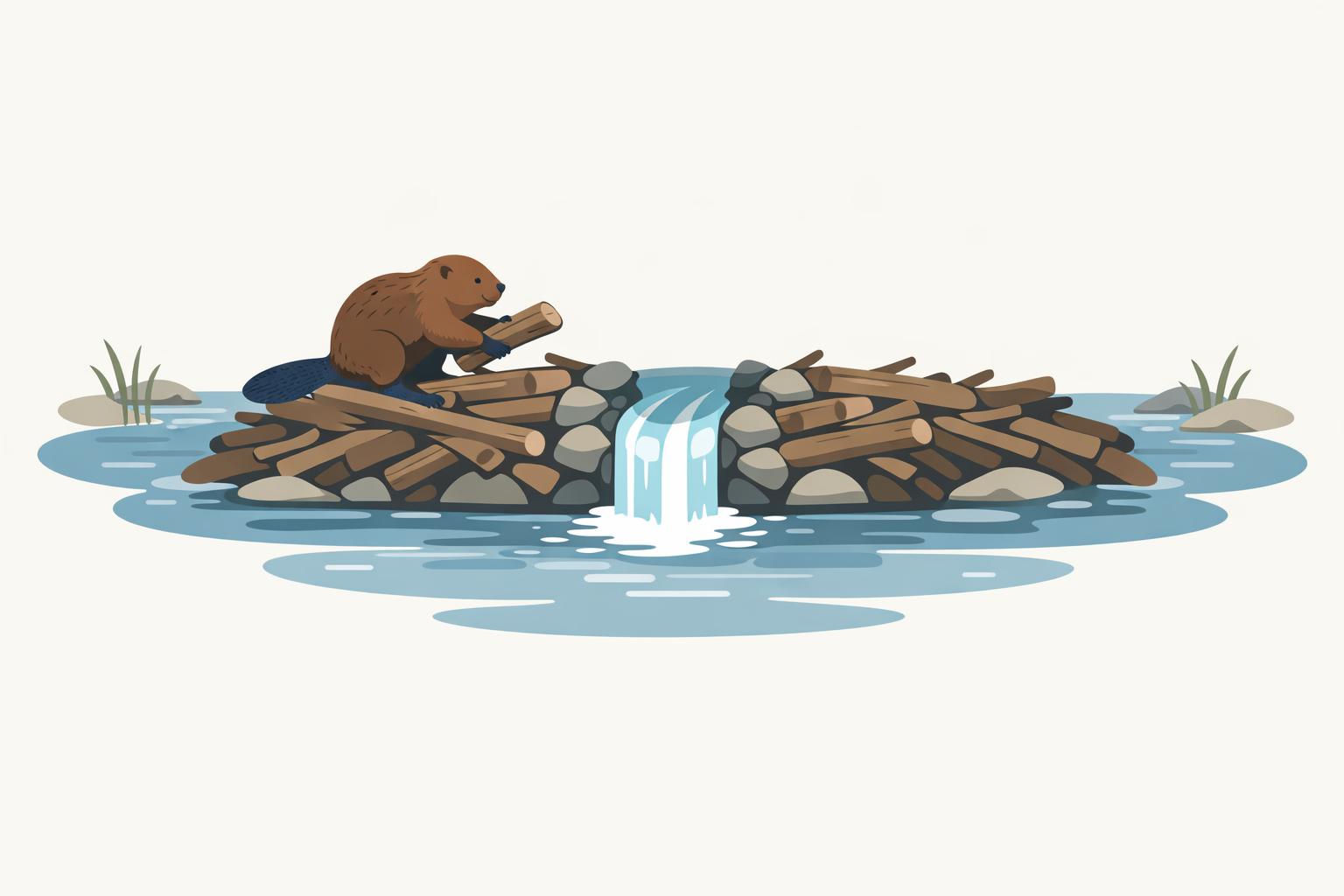 Beaver building a small dam with one reinforced channel, symbolizing focused AI champion enablement and practical workflow change