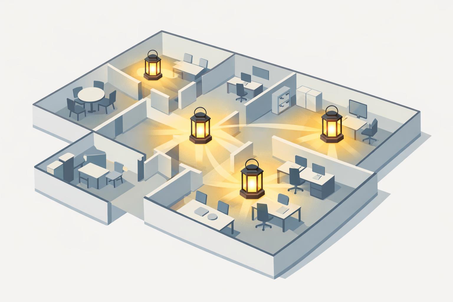 Internal AI champions spreading adoption light across an office floor plan