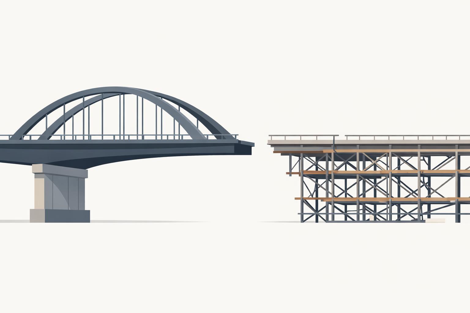 Bridge under construction contrasting finished steel with exposed scaffolding, symbolizing AI workshop theory versus real build experience