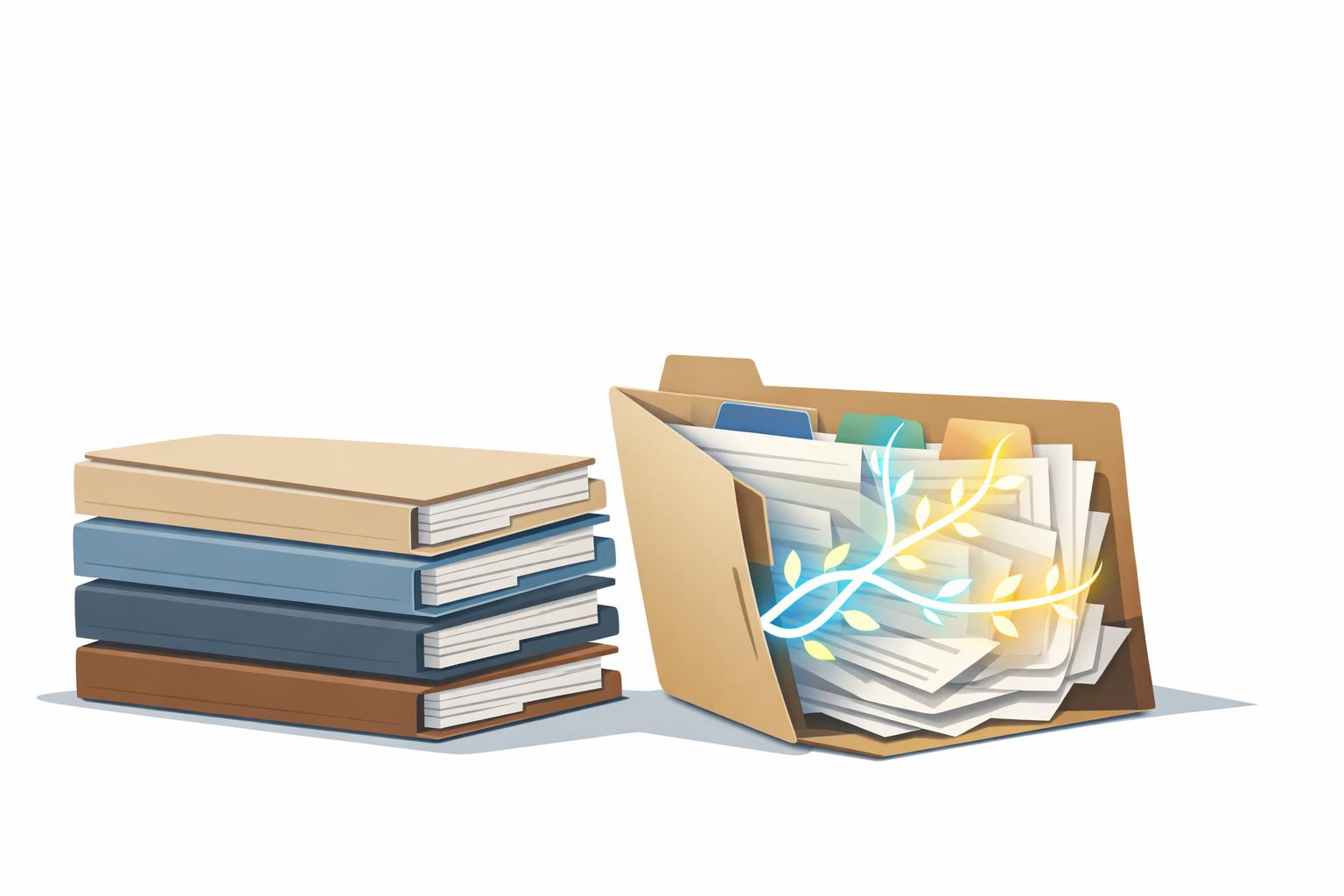 HR workflow folders with one open file and AI light branching through hidden tabs, showing process change