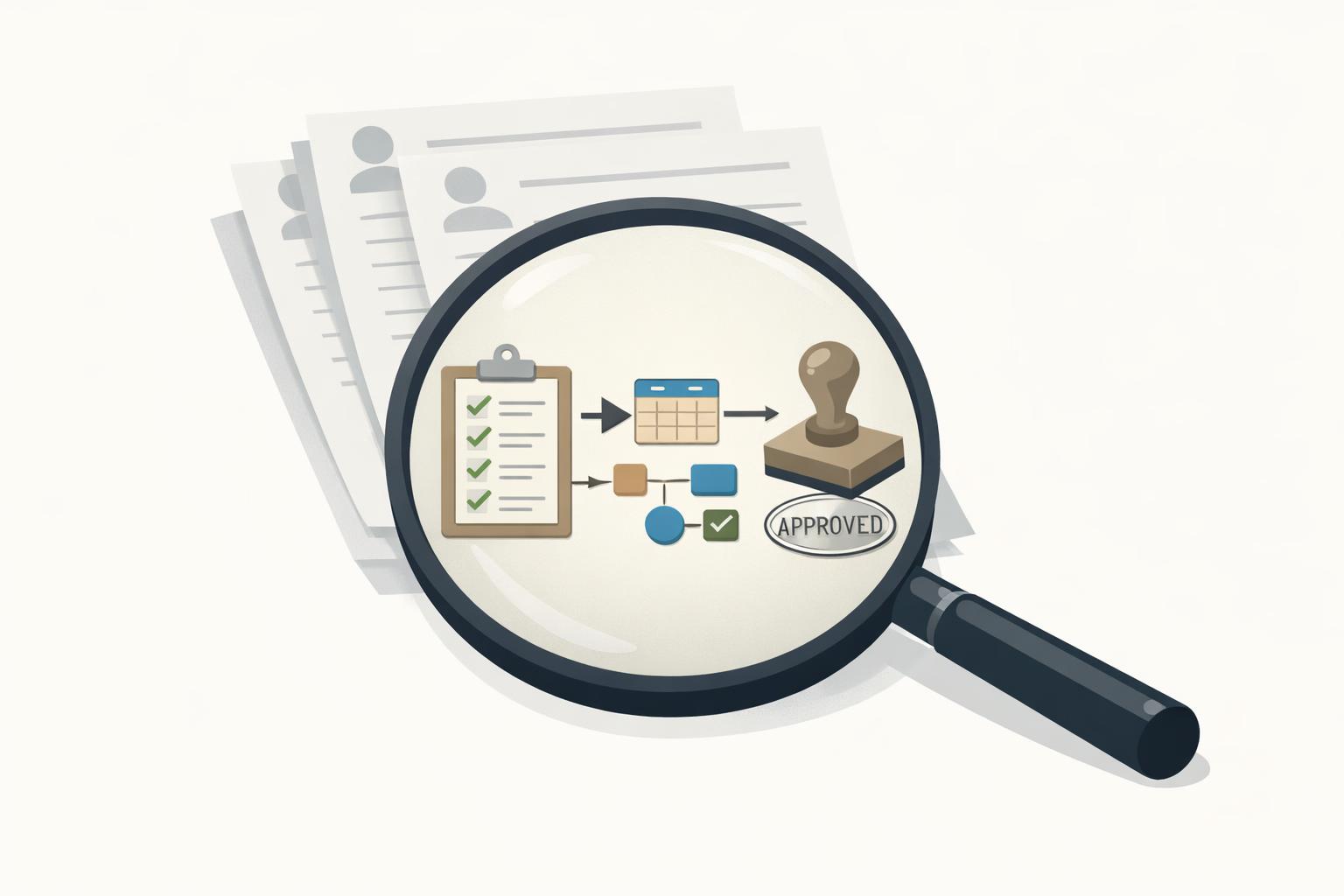 Magnifying glass reveals HR workflow artifacts beneath generic AI resumes, proving real operator work over buzzwords