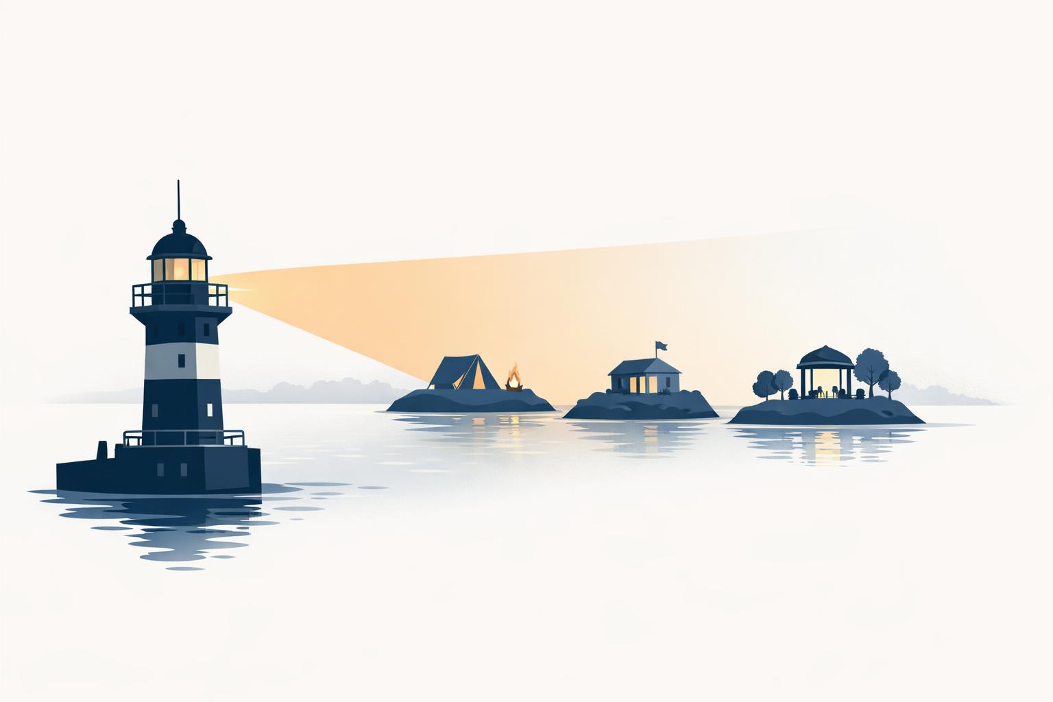 Hamburg harbor lighthouse guiding AI meetup communities across distinct islands of formats