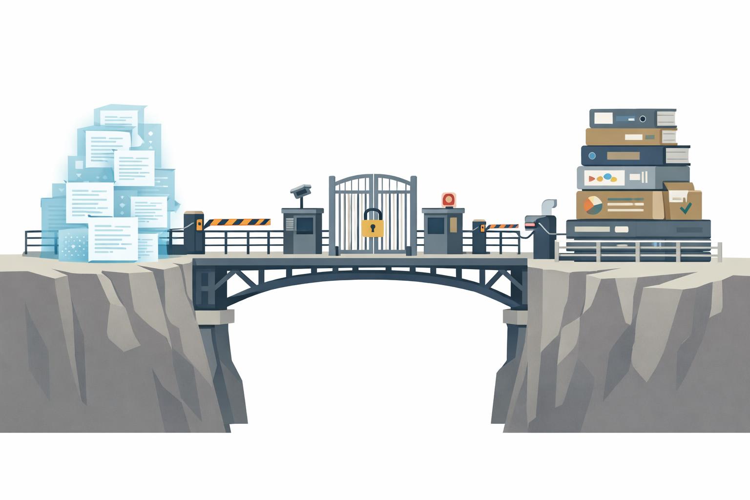 AI output crossing a guarded bridge toward business decisions with checkpoints, gates, and safety rails