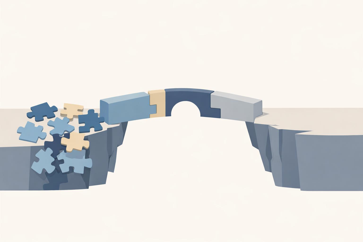 Bridge turning scattered puzzle pieces into a solid path for AI prompts with context