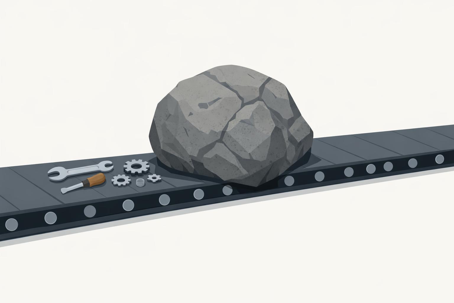 Large boulder blocking a conveyor belt, symbolizing organizational AI rollout blockers and stalled workflow adoption