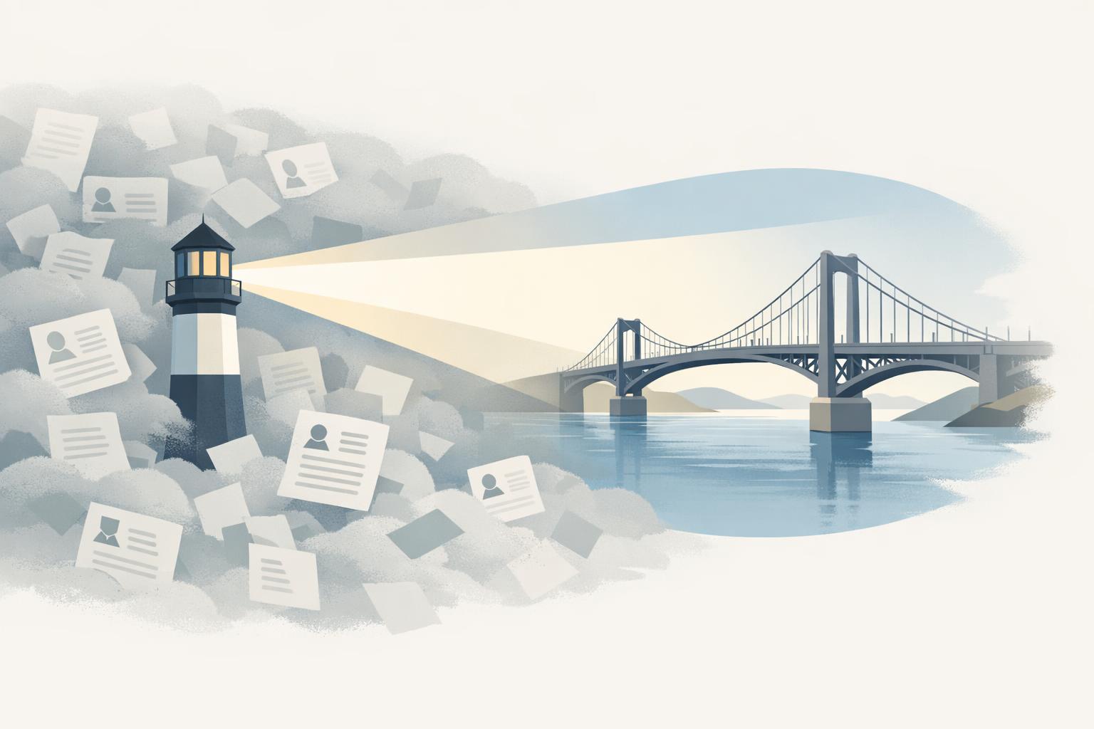 Lighthouse beam revealing a clear bridge through foggy résumé pages, symbolizing evidence-based AI hiring decisions