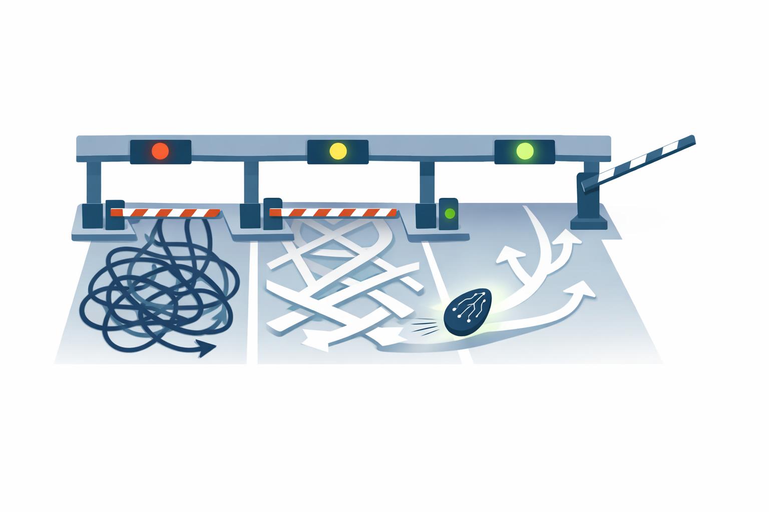 AI tool moving through a three-lane approval checkpoint from a slow lane into a fast green-lit path