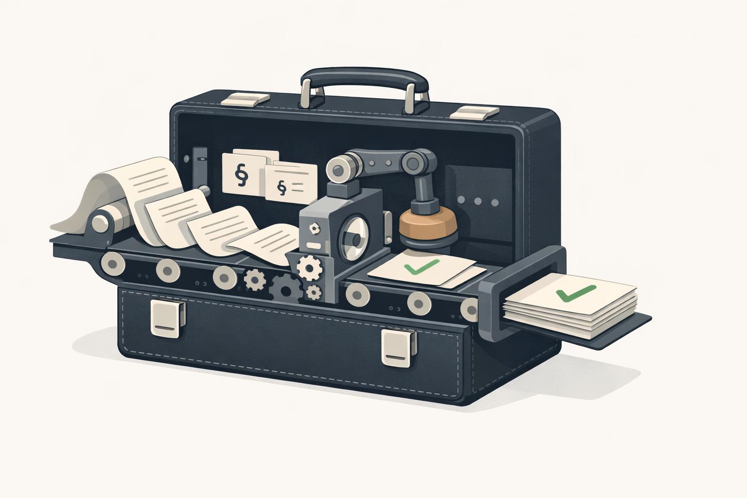 Legal briefcase turned into an AI workflow assembly line for document review and approvals