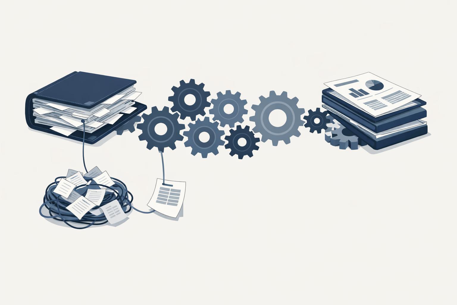 month-end finance reporting shifting from ledger chaos to a streamlined, gear-driven process