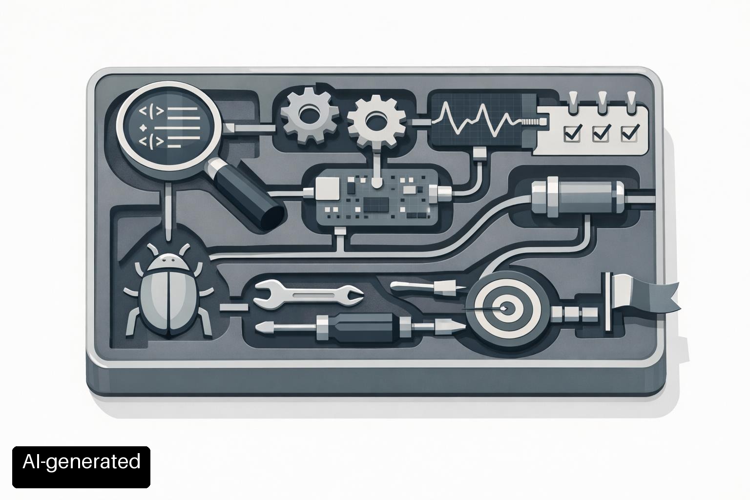 Engineering workbench with modular tools fitted to code review, testing, and debugging workflows (AI-generated)