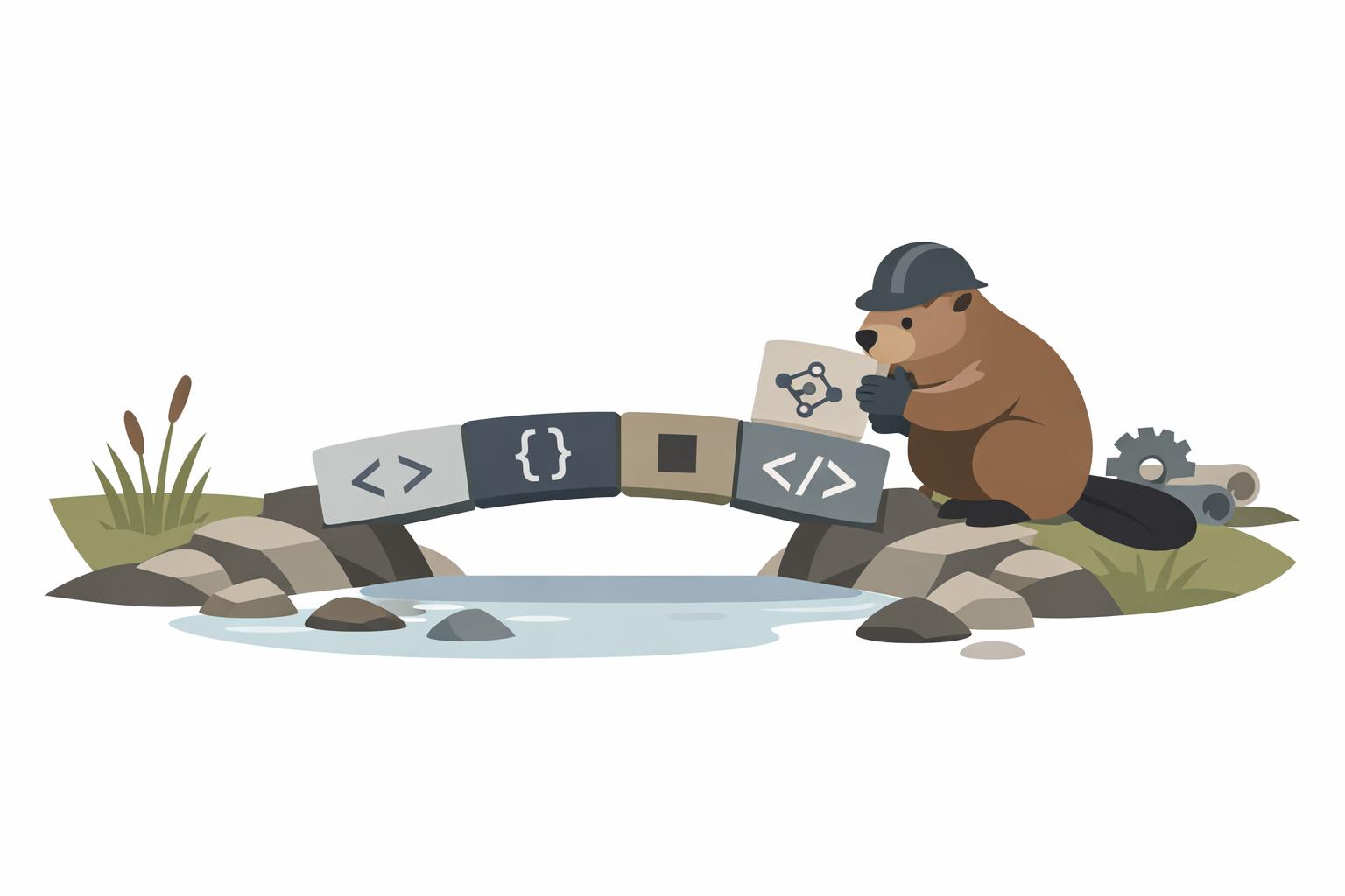 Mechanical beaver building a code-block bridge, symbolizing engineers turning AI workshop training into workflow adoption