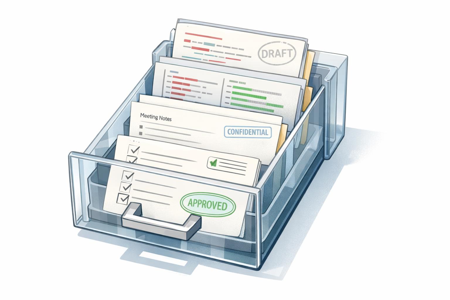 open filing drawer showing tracked edits, code diffs, meeting notes, and workflow checklists as evidence of AI use