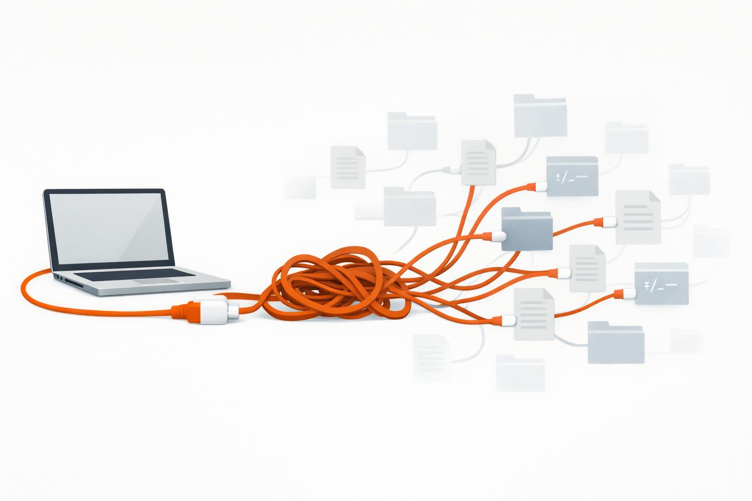 Tangled extension cord from laptop to scattered code files, showing missing context in AI-assisted development
